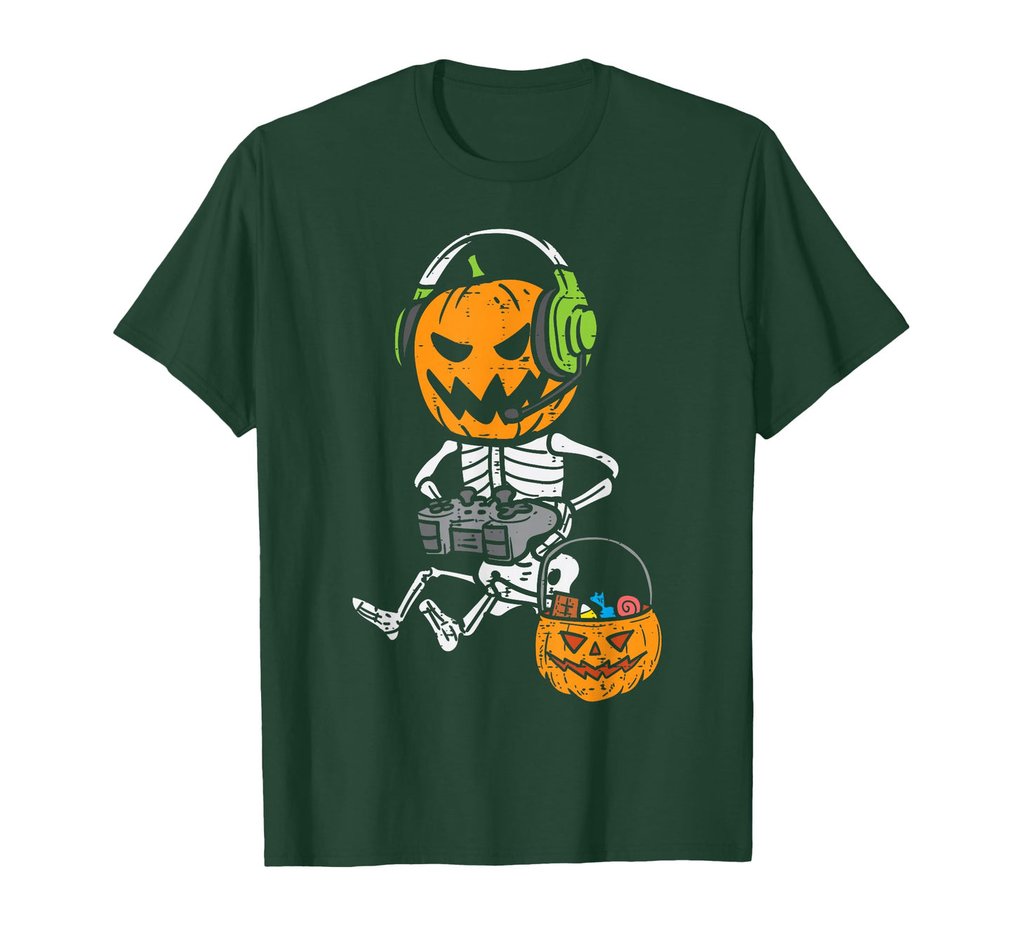 Gamer Pumpkin Skeleton Funny Halloween Gaming Boys Men Kids T-Shirt