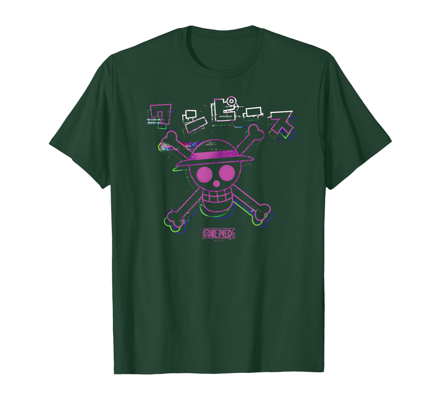 One Piece Anime Colorful Straw Hat Glitch with Kanji T-Shirt
