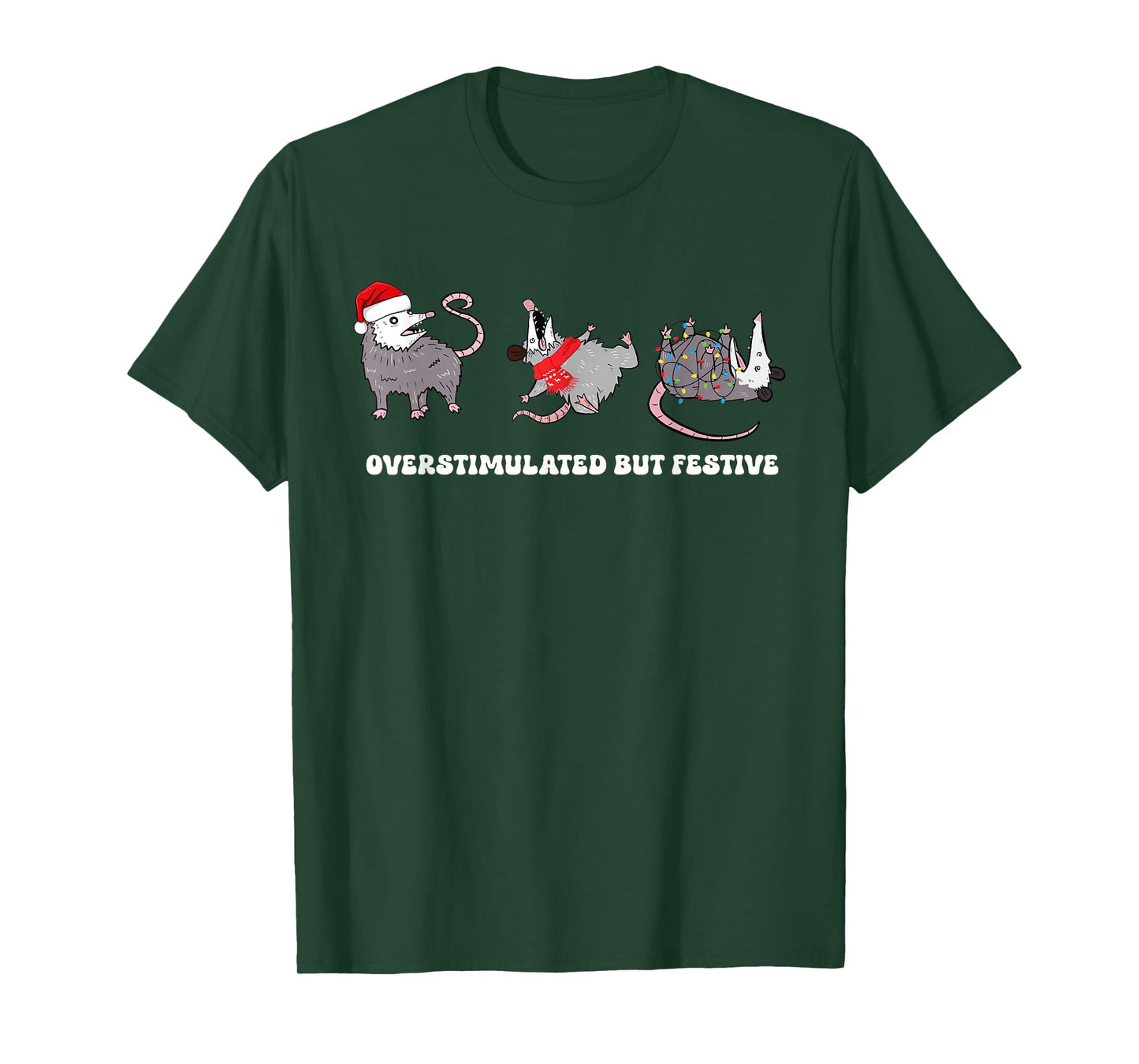 Funny Santa Opossums Overstimulated But Festive Xmas Lights T-Shirt