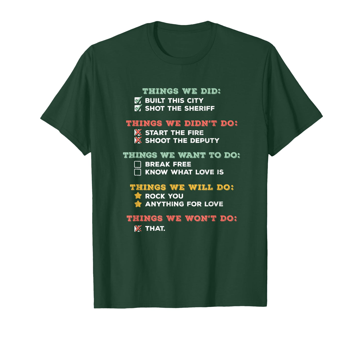 Things We Did Classic Song Humorous Checklist Lyric Design T-Shirt