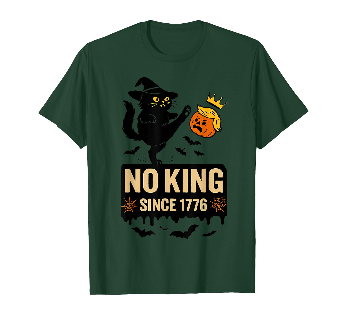 No Kings in America Since 1776 Black Cat Kicking Pumpkin T-Shirt