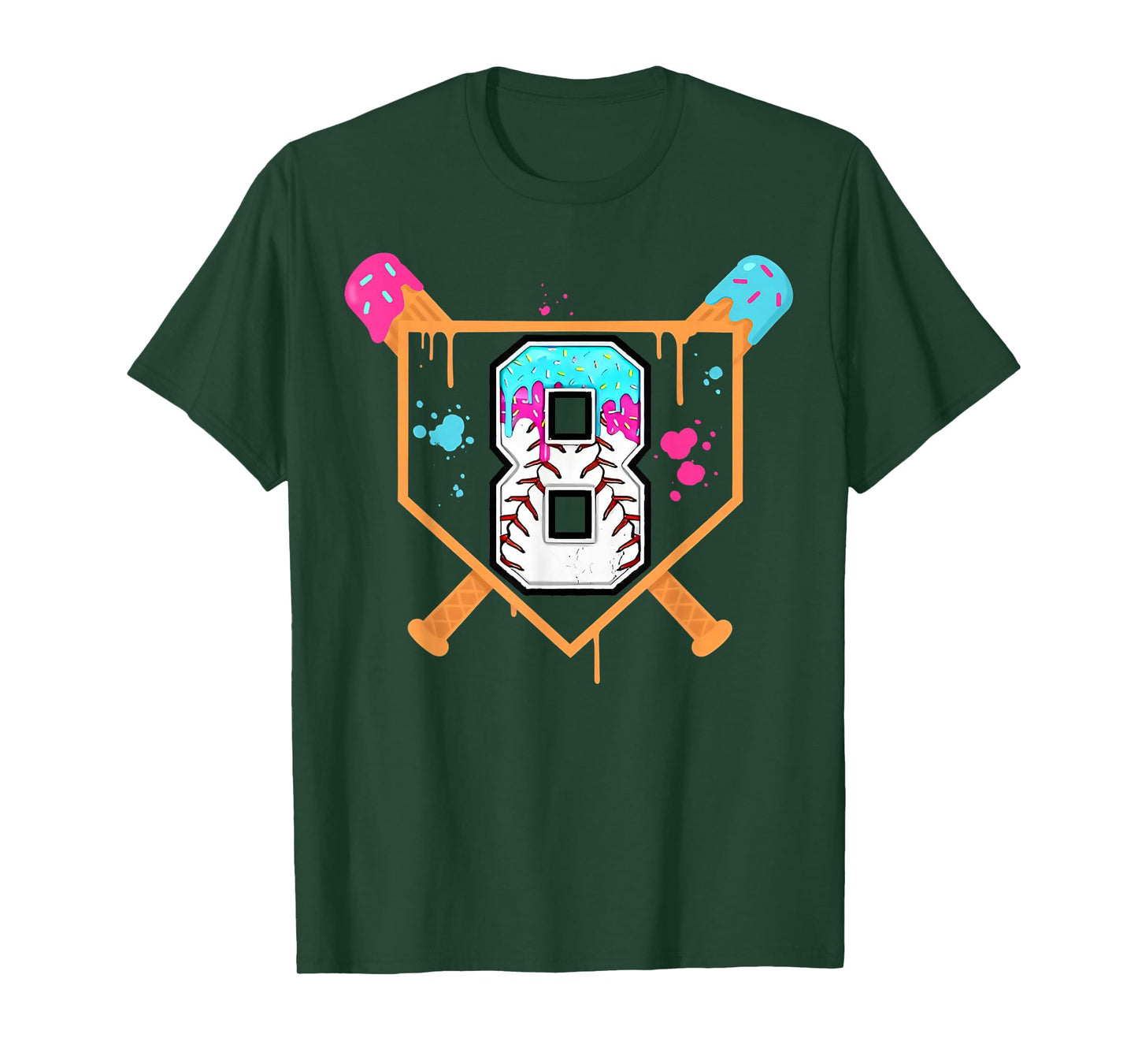 Baseball 8th Birthday Ice Cream Drip 8 Year Old Birthday Boy T-Shirt