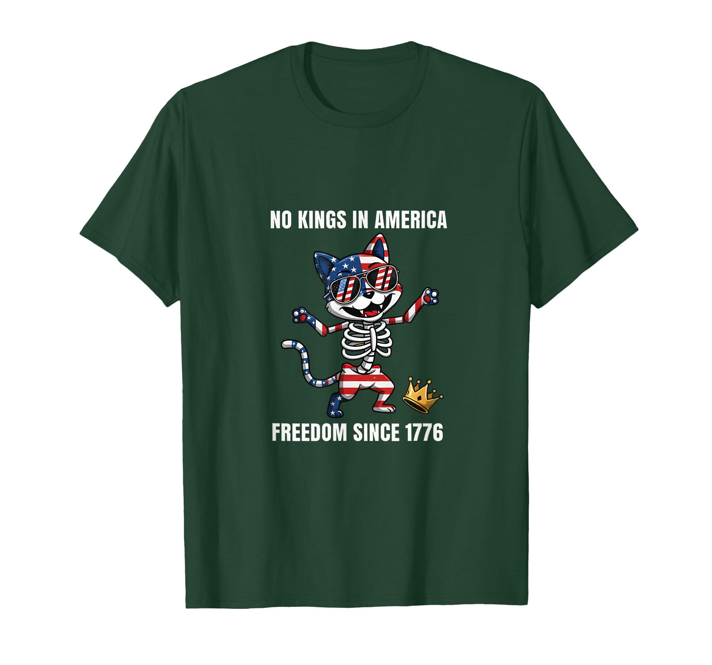 No Kings in America Funny Cat Skeleton 4th of July Patriotic T-Shirt