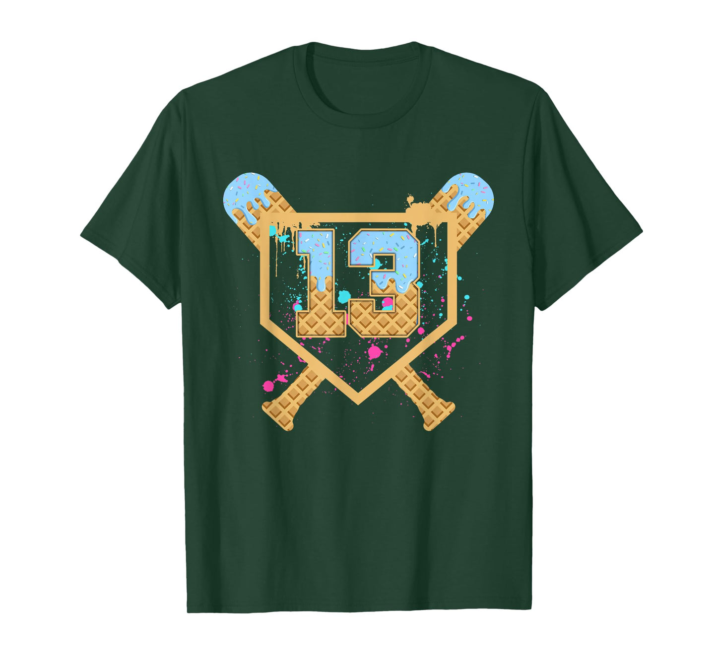 Baseball 13 Year Old Ice Cream Drip 13th Birthday Number 13 T-Shirt