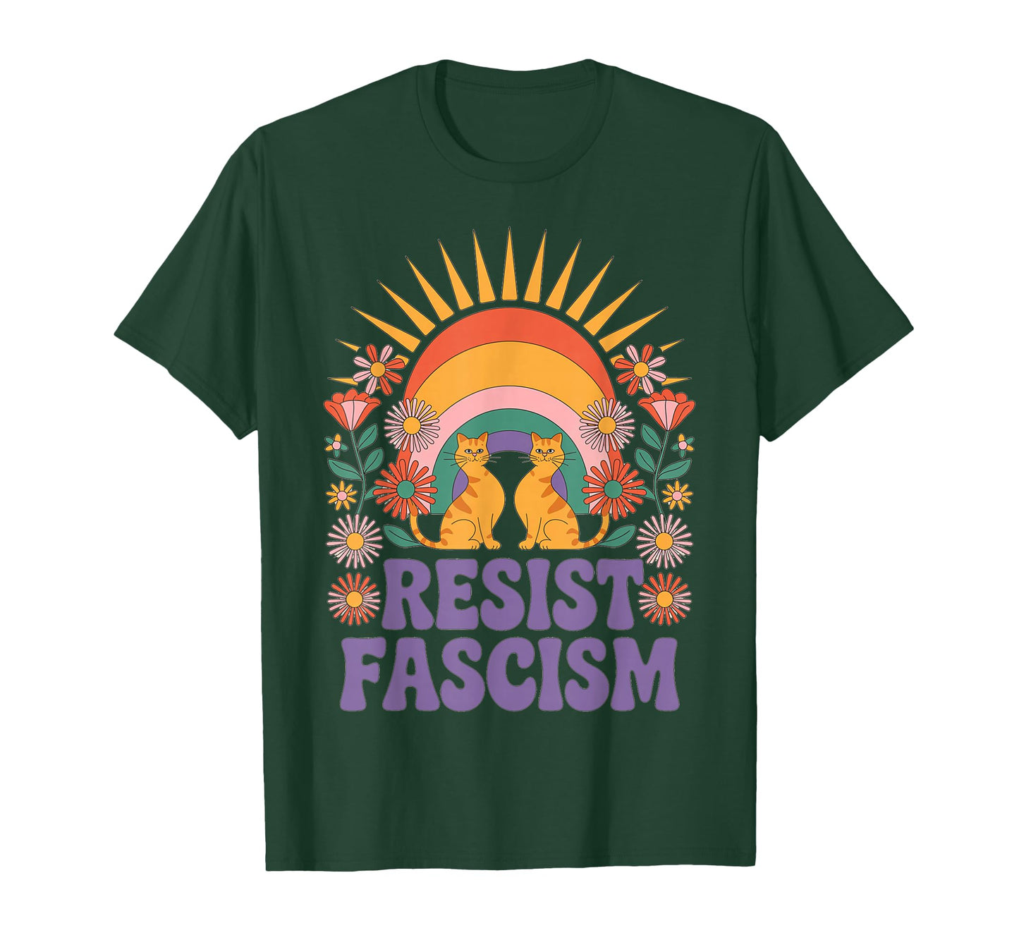 Cats Resist Fascism Retro Groovy Rainbow No Kings Hippie T-Shirt