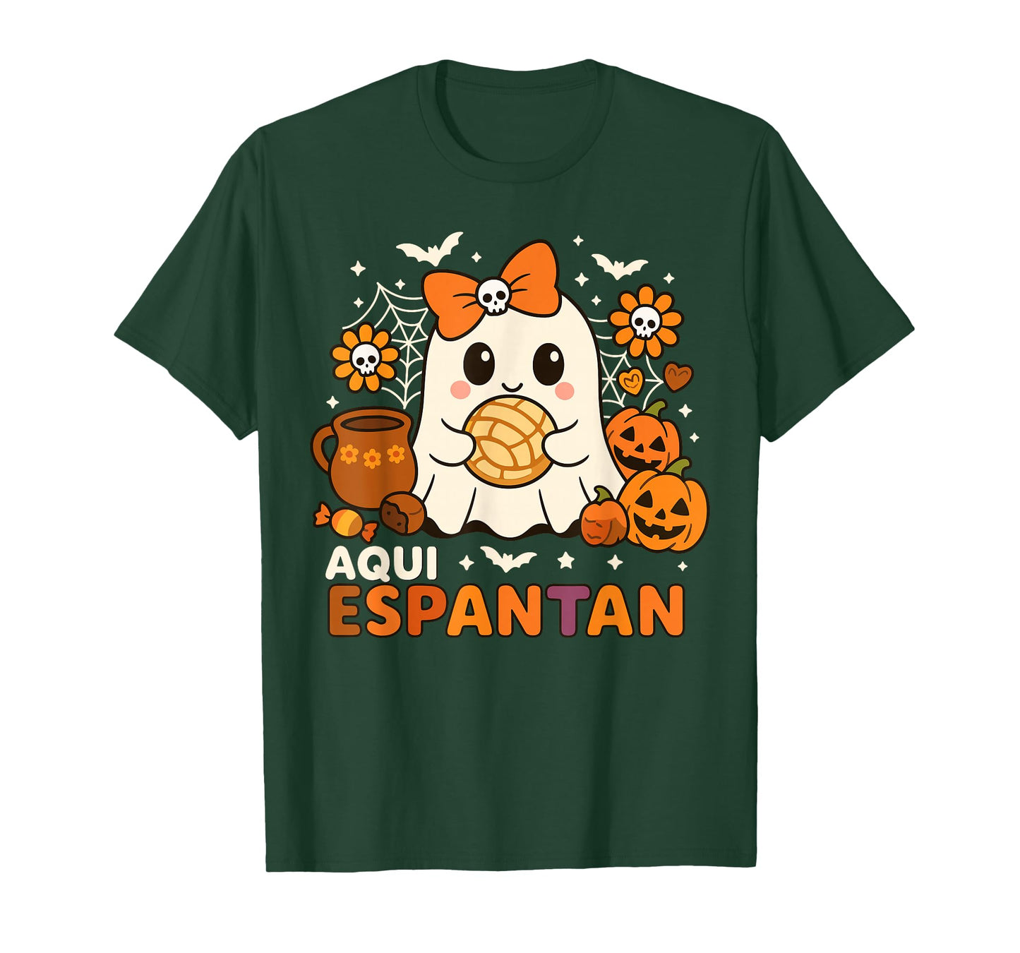 Aqui Espantan Cute Ghost Pan de Muerto Mexican Halloween T-Shirt