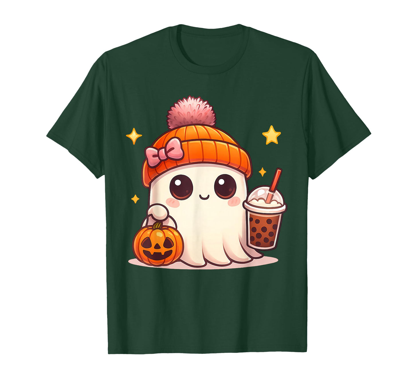 Kawaii Ghost Drinking Pumpkin Boba Tea Cute Ghost Halloween T-Shirt