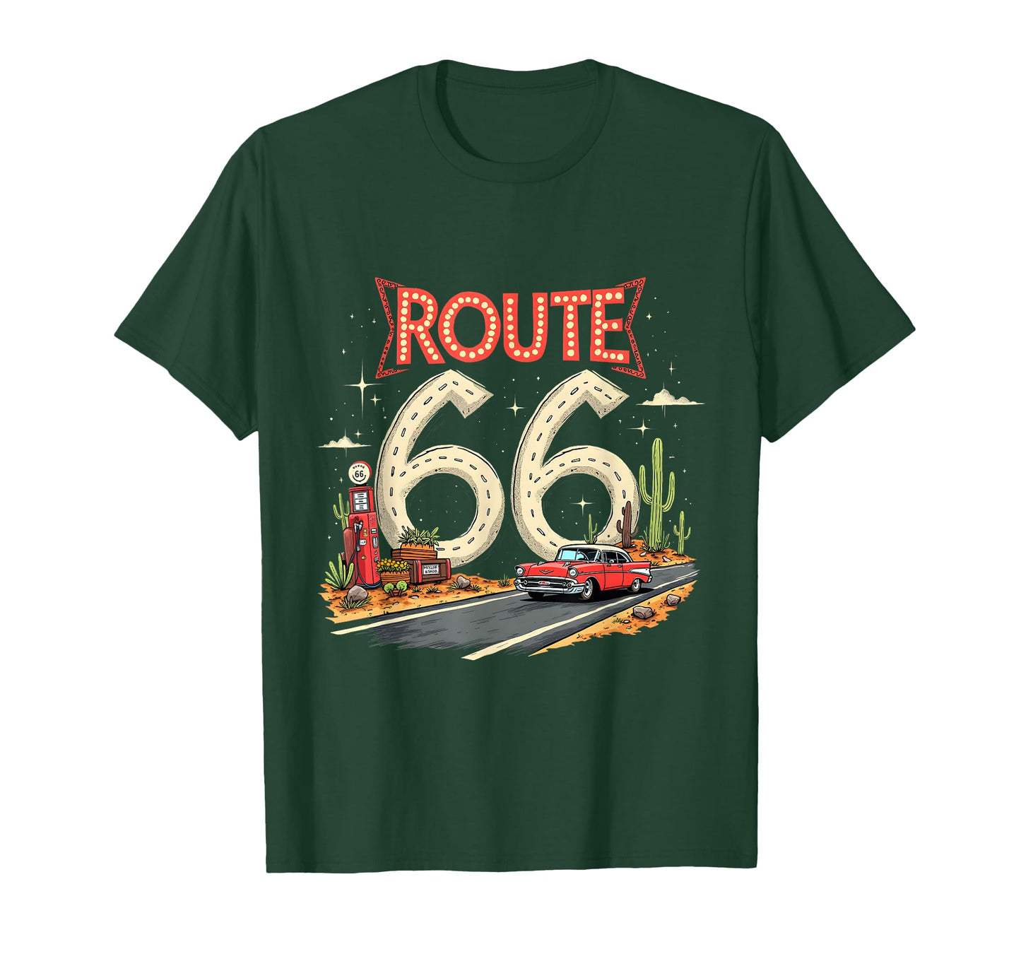 Classic Retro Route 66 Desert Scene with Red Vintage Car T-Shirt