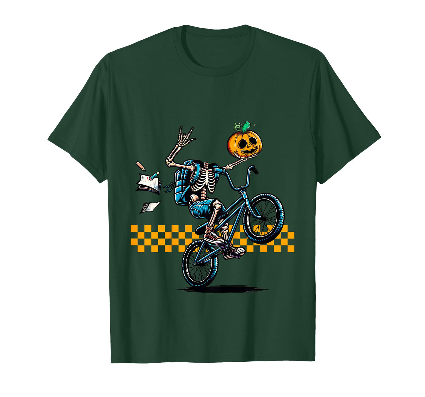 Kids Kids Halloween Skeleton Riding a BMX Bike Popping a Wheelie T-Shirt