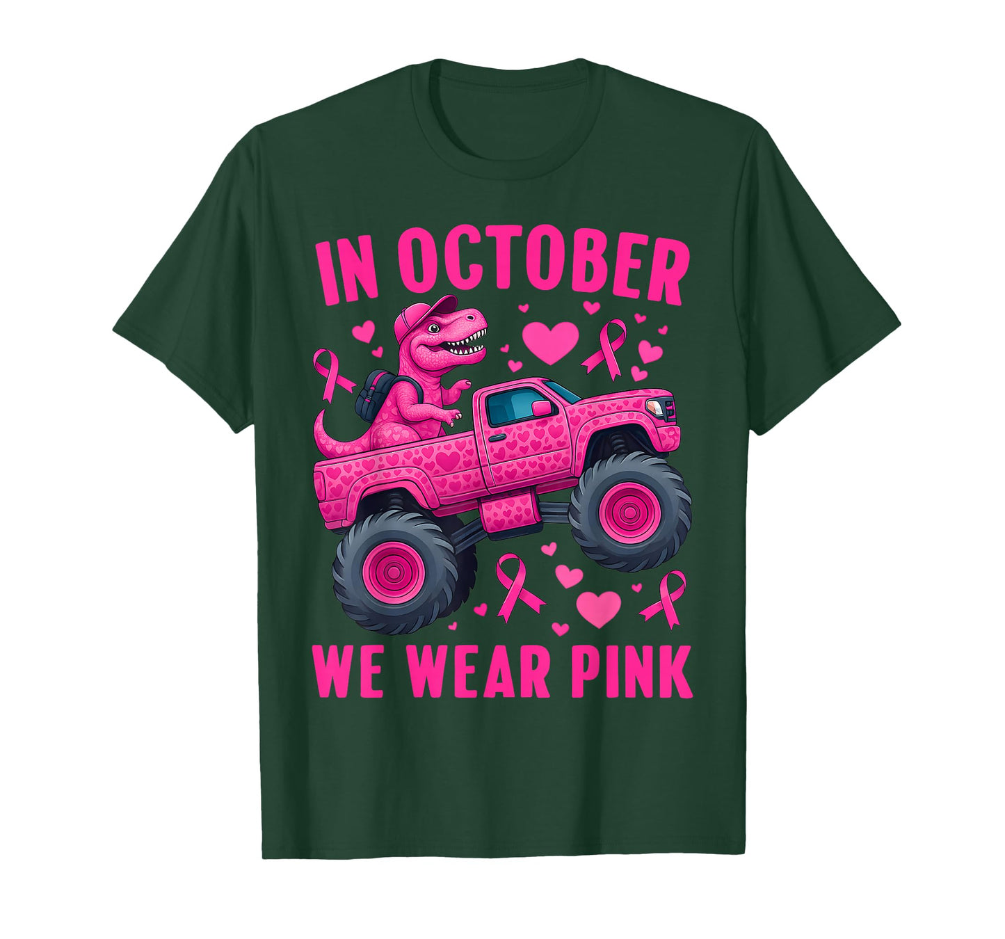in October We Wear Pink T-rex Monster Truck Kids Boys Girls T-Shirt