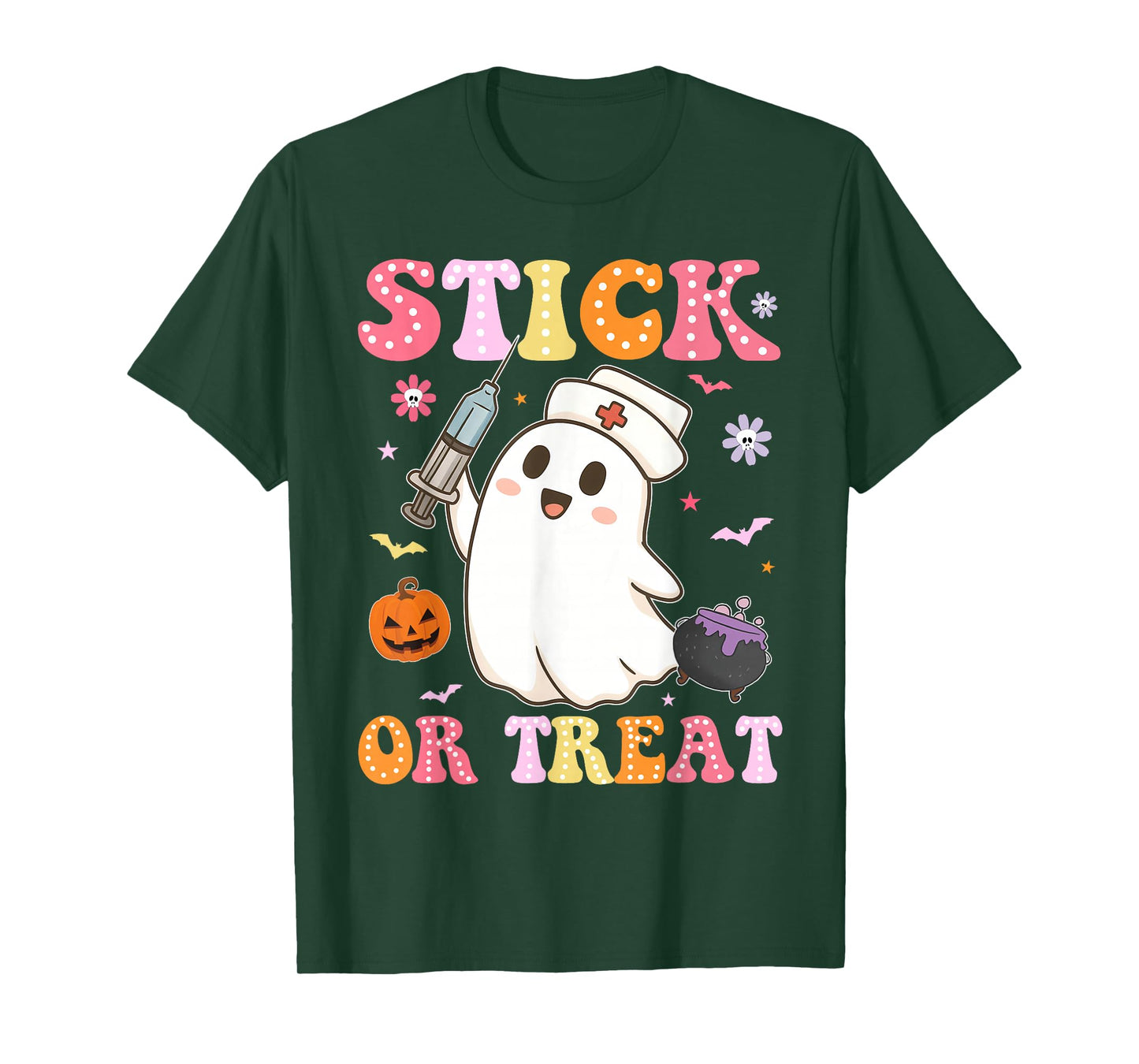 Funny Stick Or Treat Cute Nurse Ghost Halloween Crew Women T-Shirt