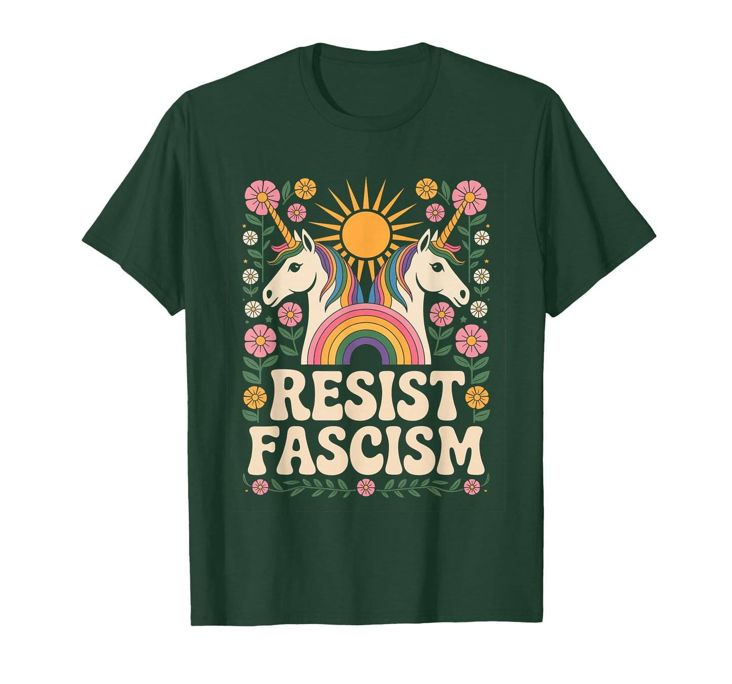 Unicorn Resist Fascism Retro Groovy Rainbow No Kings Hippie T-Shirt
