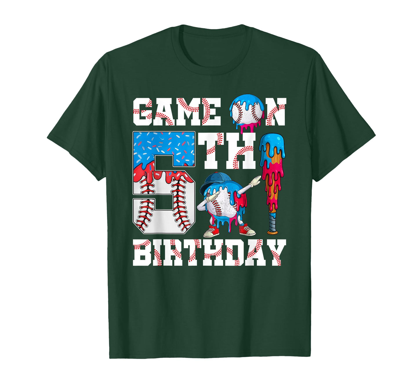 Game On I'm 5th Birthday Baseball Drip Ice Cream 5 Year Old T-Shirt