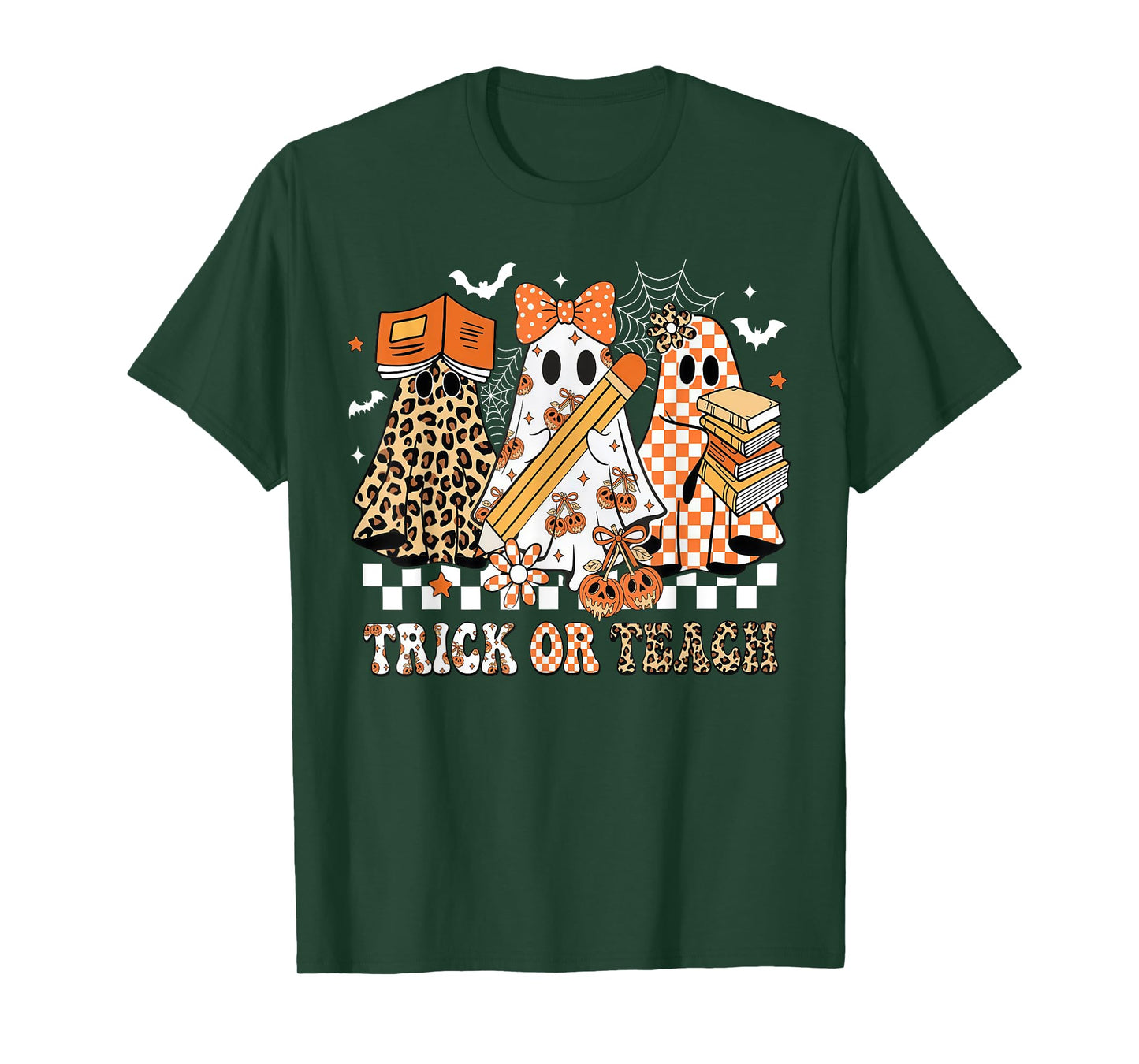 Trick Or Teach Groovy Teacher Halloween Floral Ghost T-Shirt
