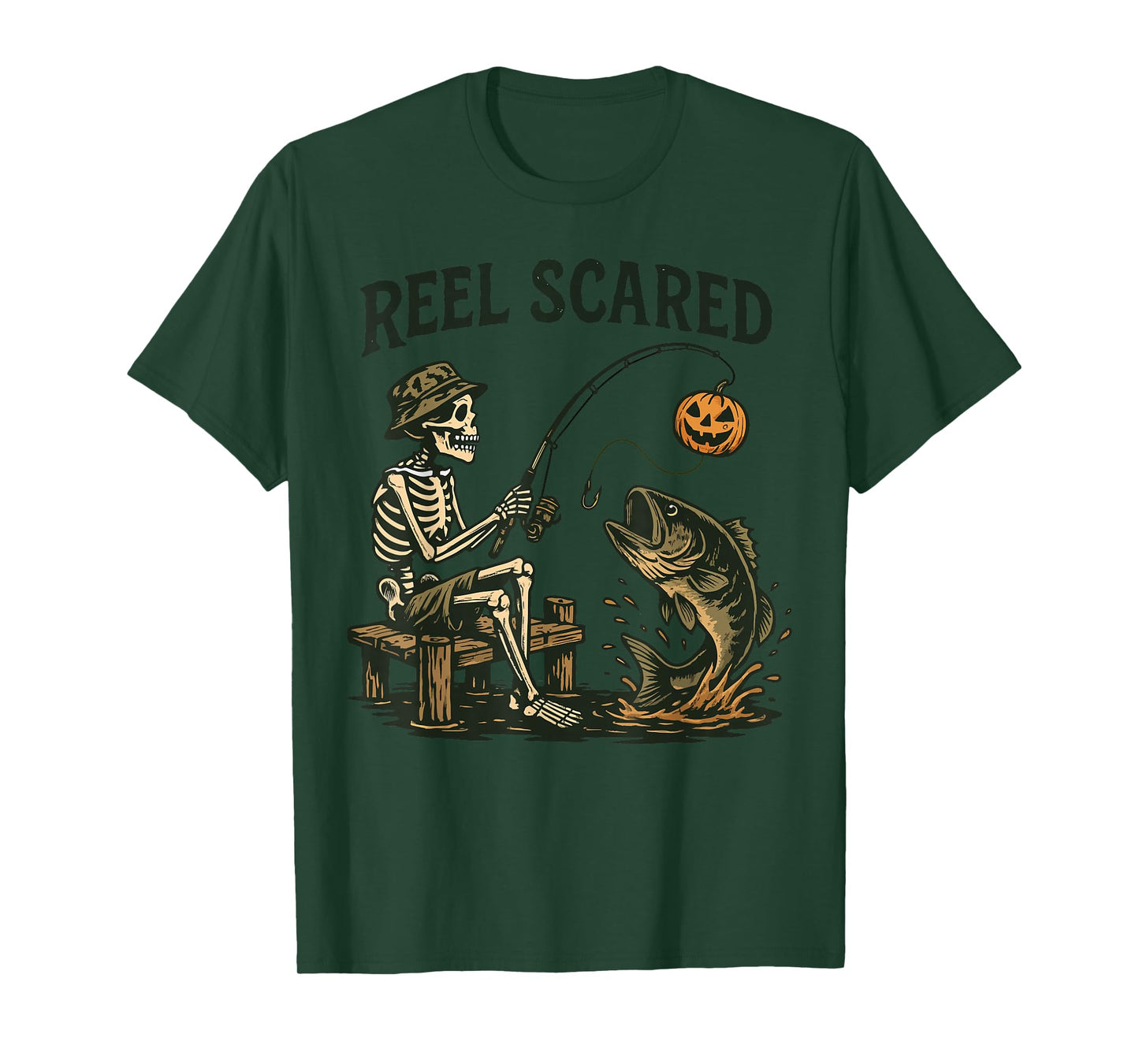 Reel Funny Scared Halloween Fishing Skeleton Pumpkin Bass T-Shirt