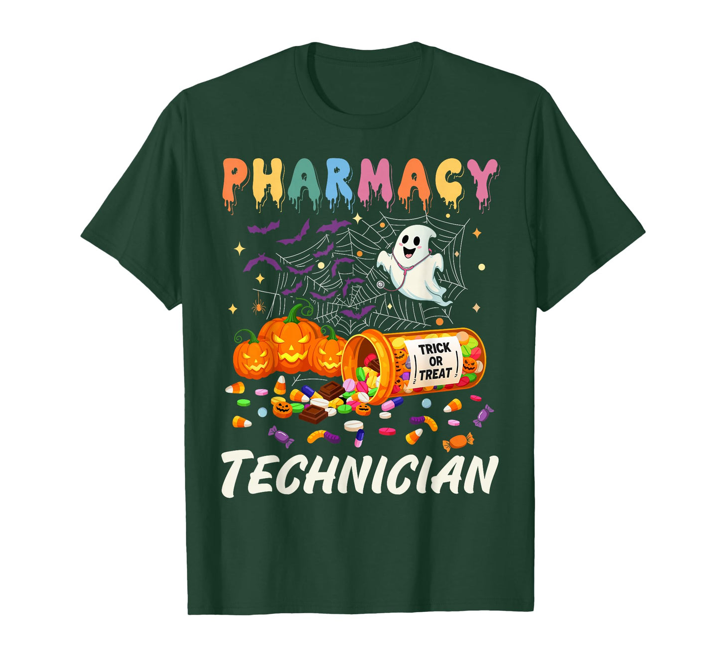 Pharmacy Technician Ghost Pumpkin Pharm Tech Funny Halloween T-Shirt