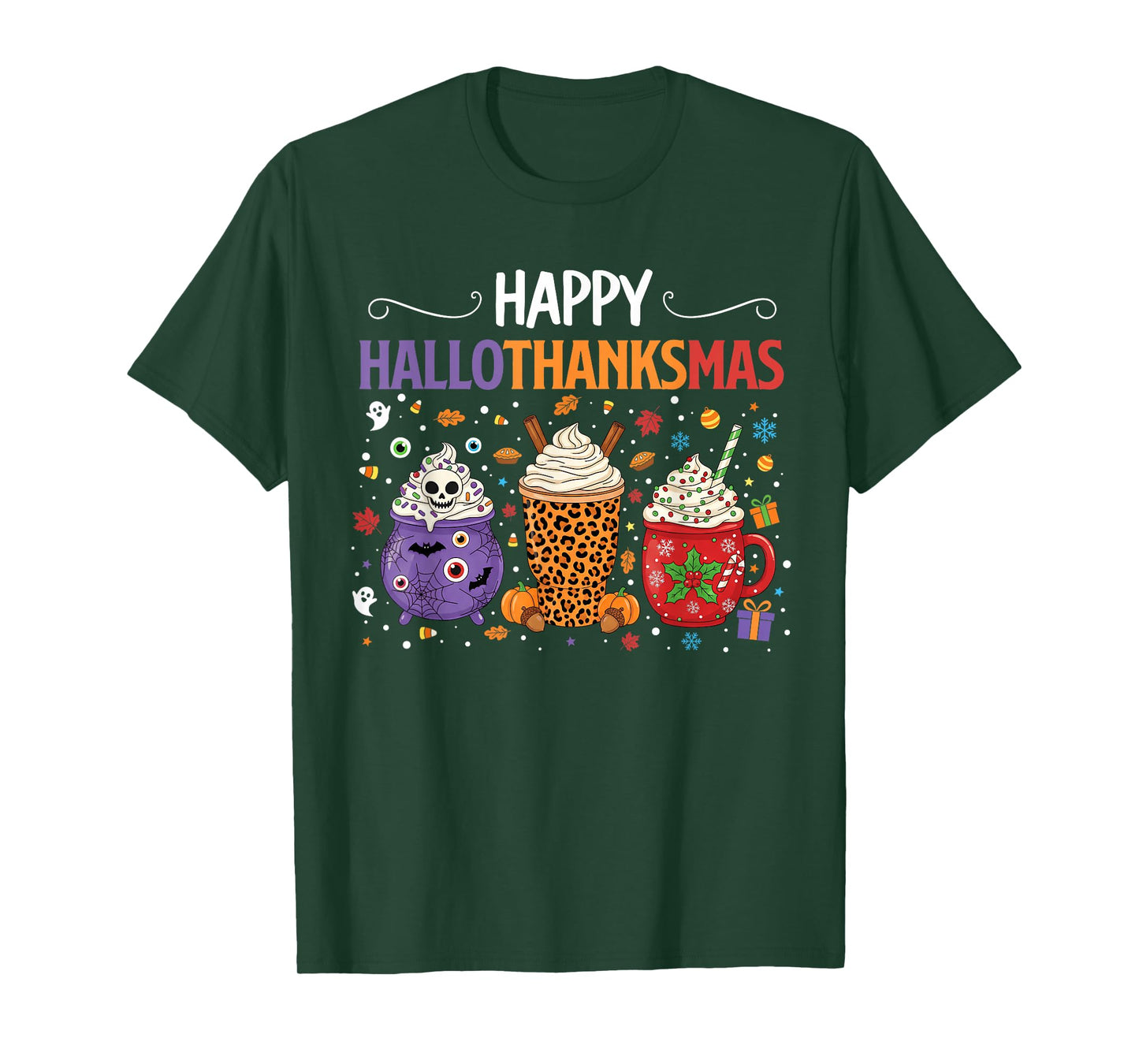 Happy Hallothanksmas Halloween Thanksgiving Christmas Drinks T-Shirt