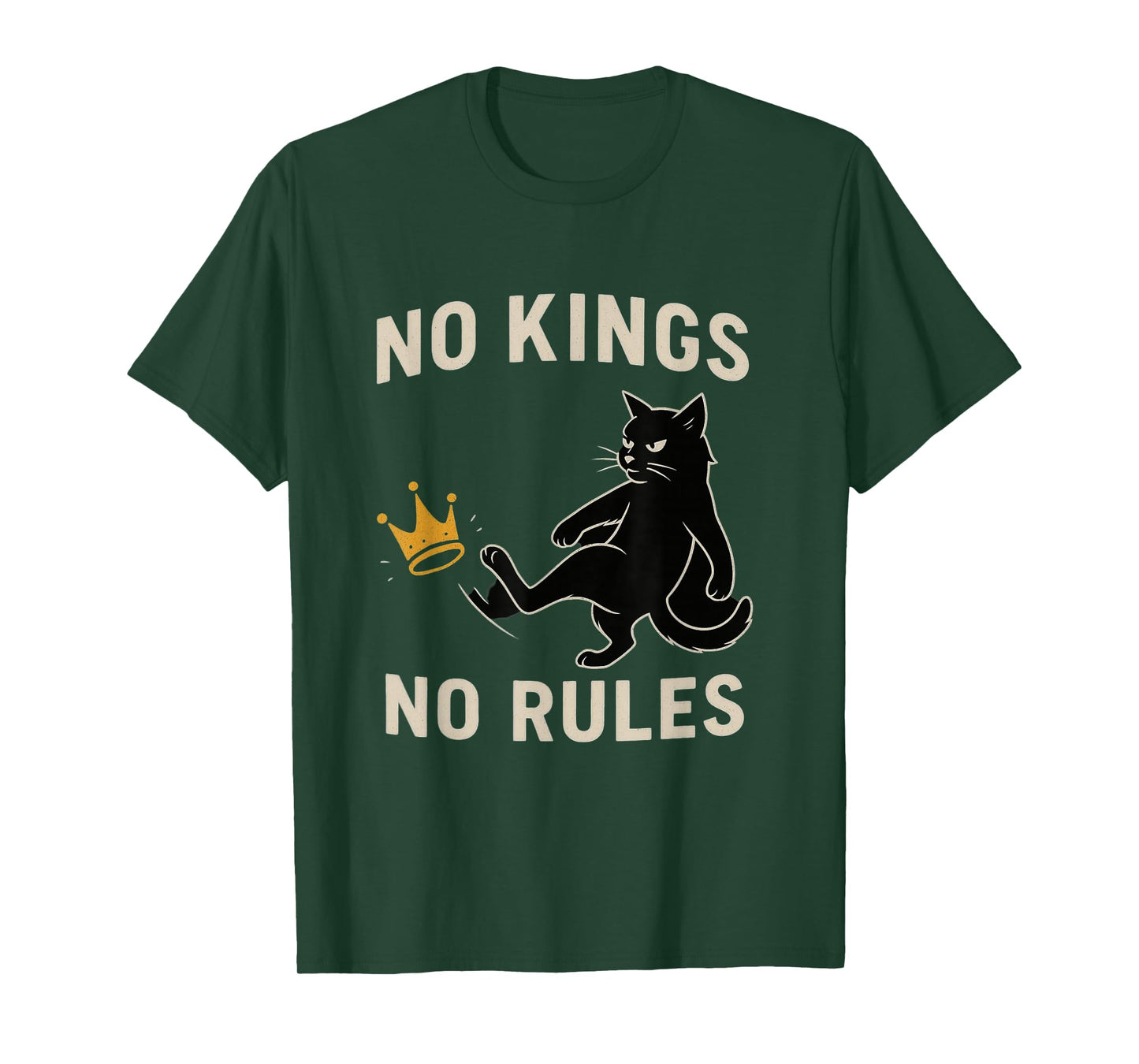 No Kings in America Funny Black Cat Kicking Crown Gifts T-Shirt