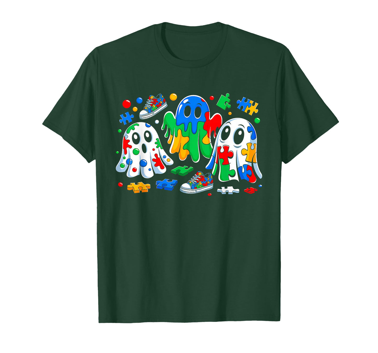 Halloween Ghost Colorful Puzzle Ribbon Autism Awareness T-Shirt