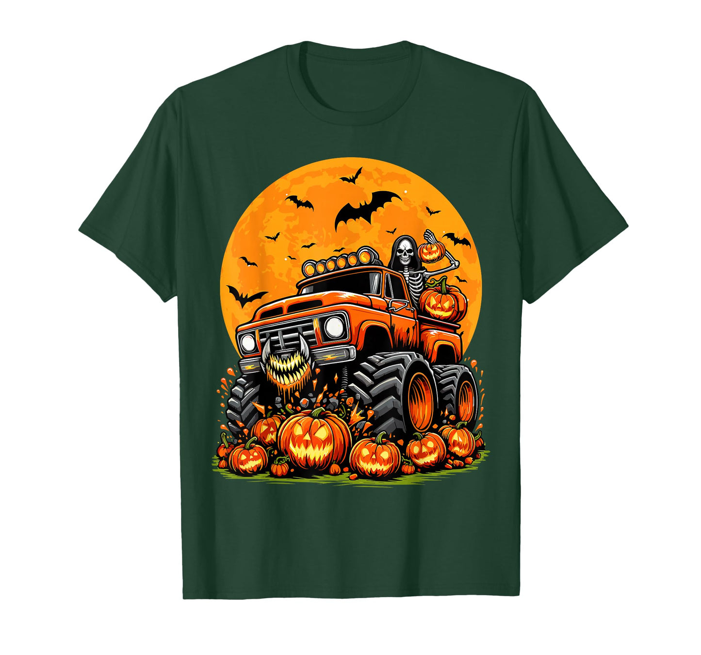Kids Halloween Monster Truck Skeleton Pumpkin Boys Halloween T-Shirt