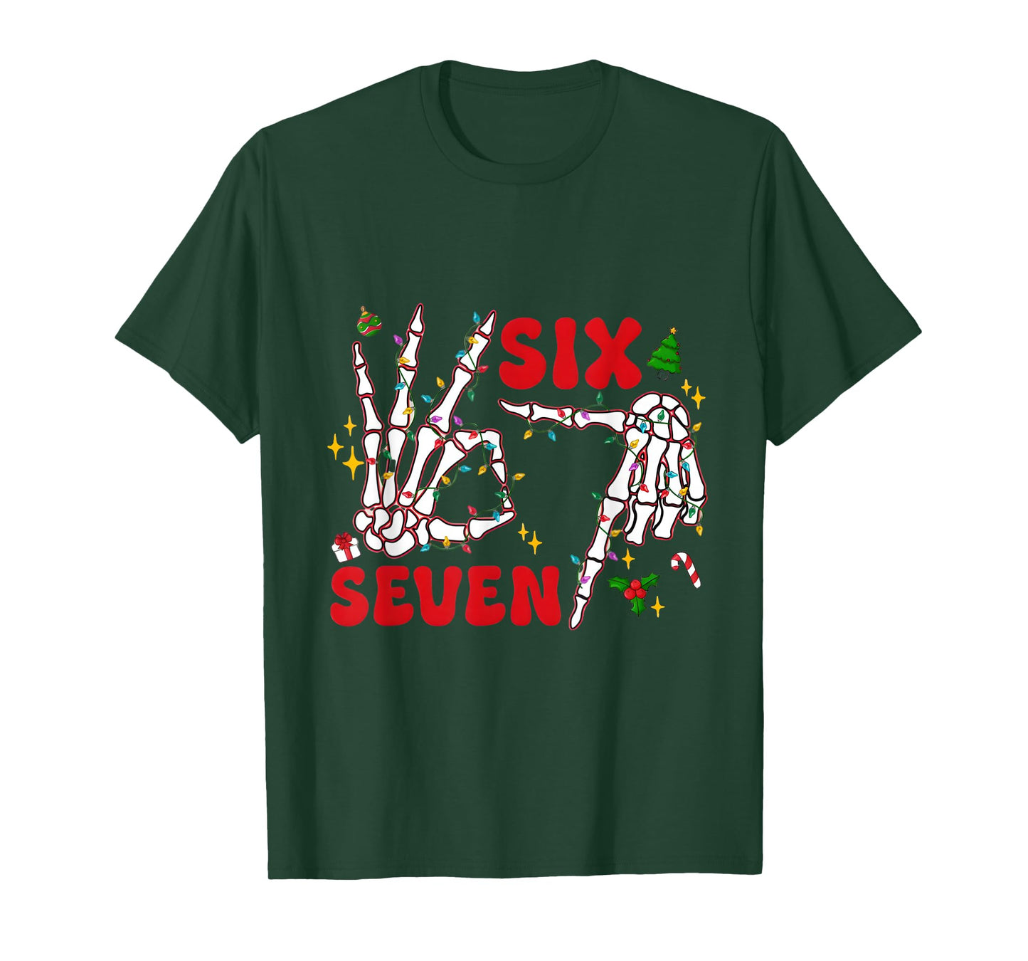 Funny Xmas 67 Skeleton Hand Six Seven Christmas Lights Shirt T-Shirt