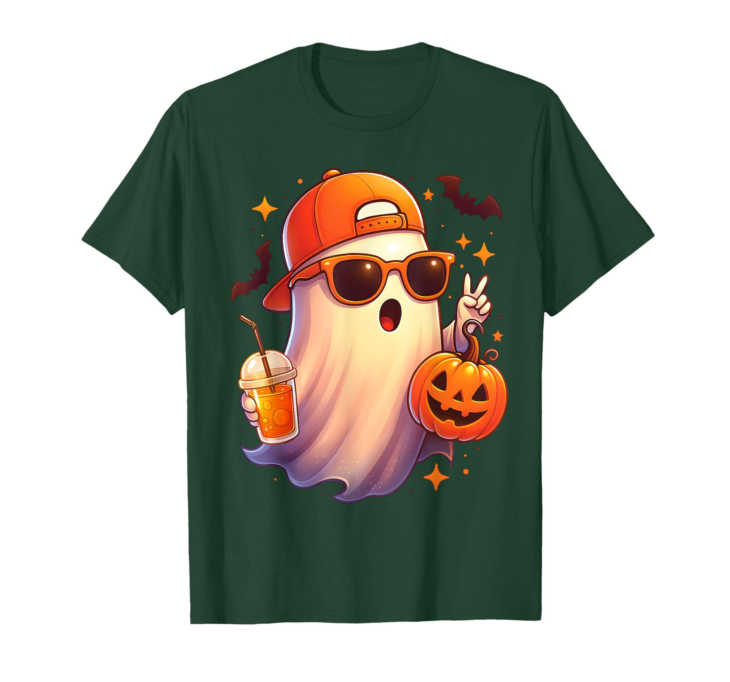 Spooky Cute Ghost Drinking Pumpkin Iced Coffee Halloween T-Shirt