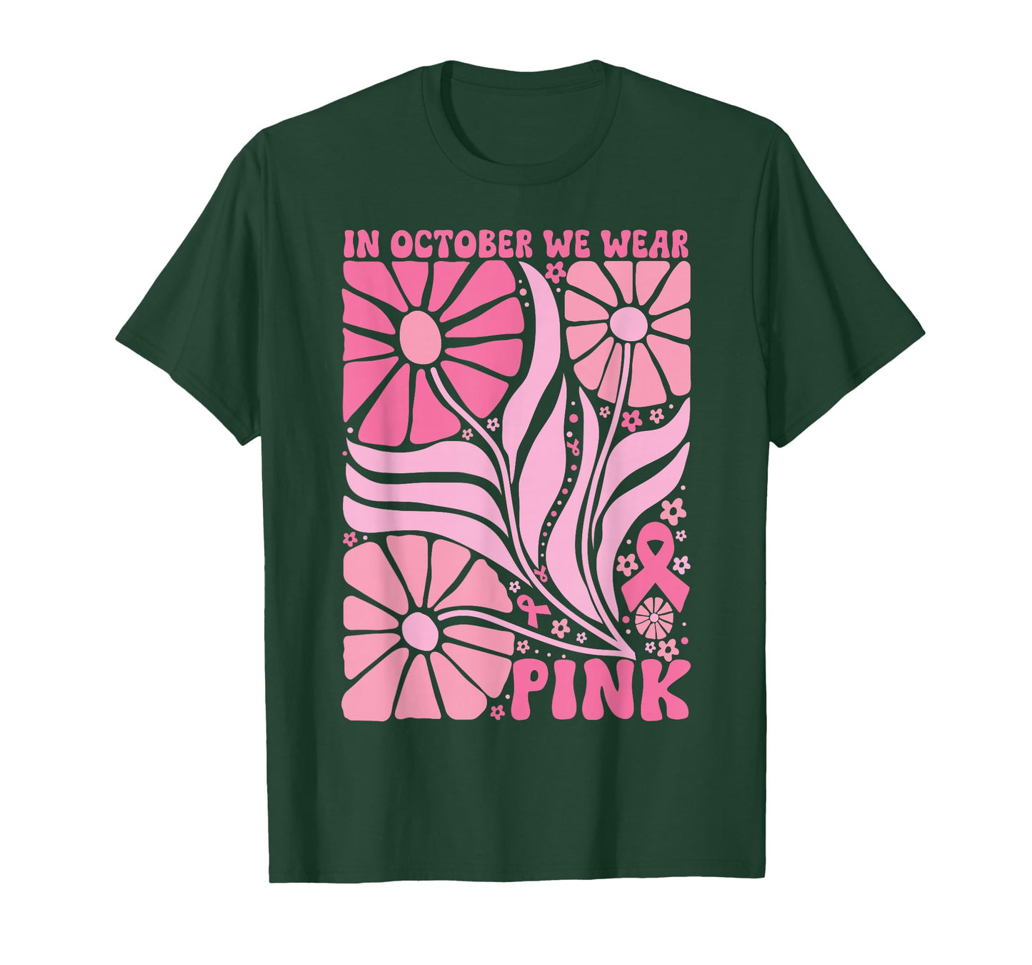 in October We Wear Pink Breast Cancer Awareness Boho Flowers T-Shirt