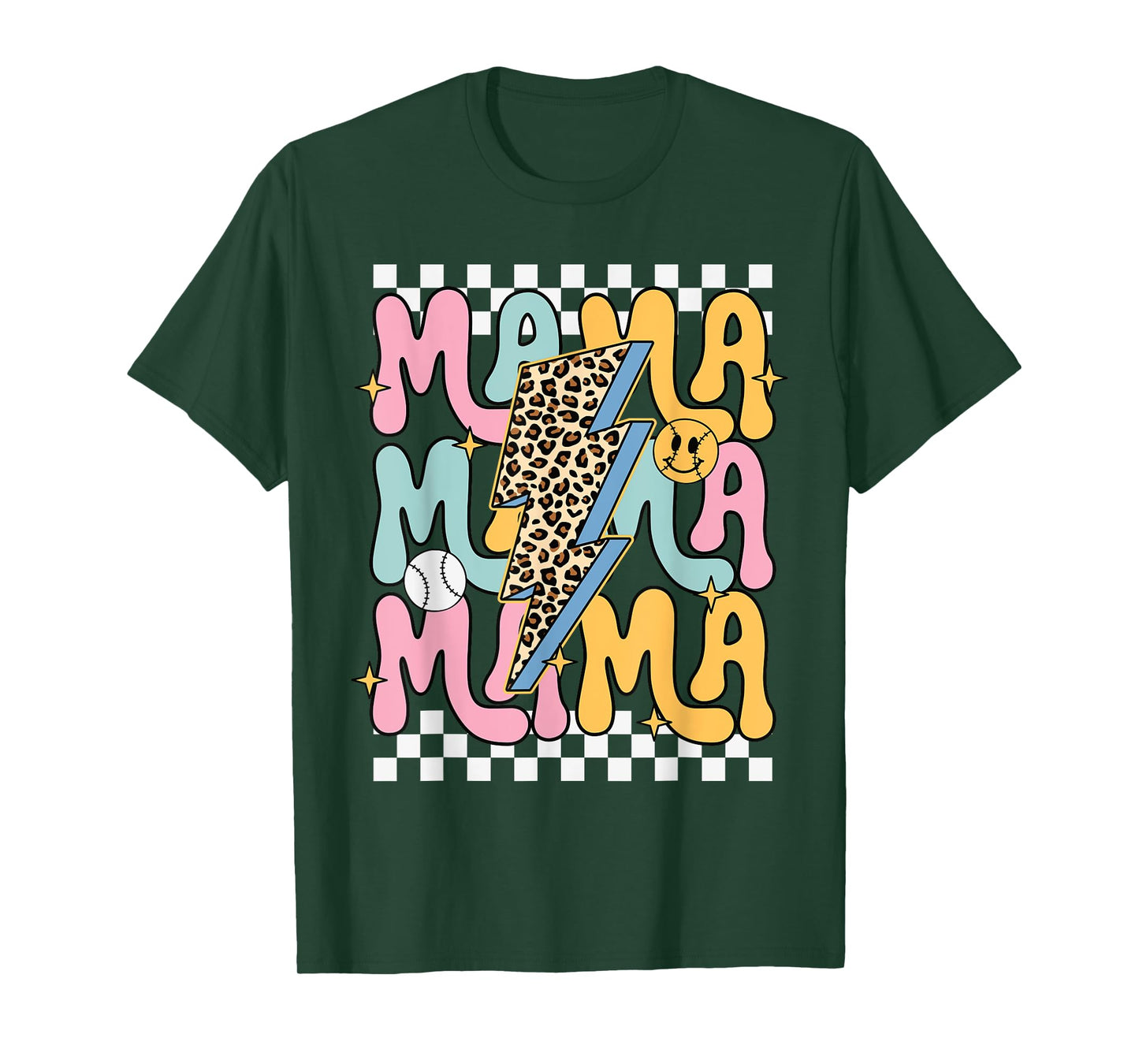 Retro MAMA Leopard Lightning Bolt Baseball Softball Smile T-Shirt