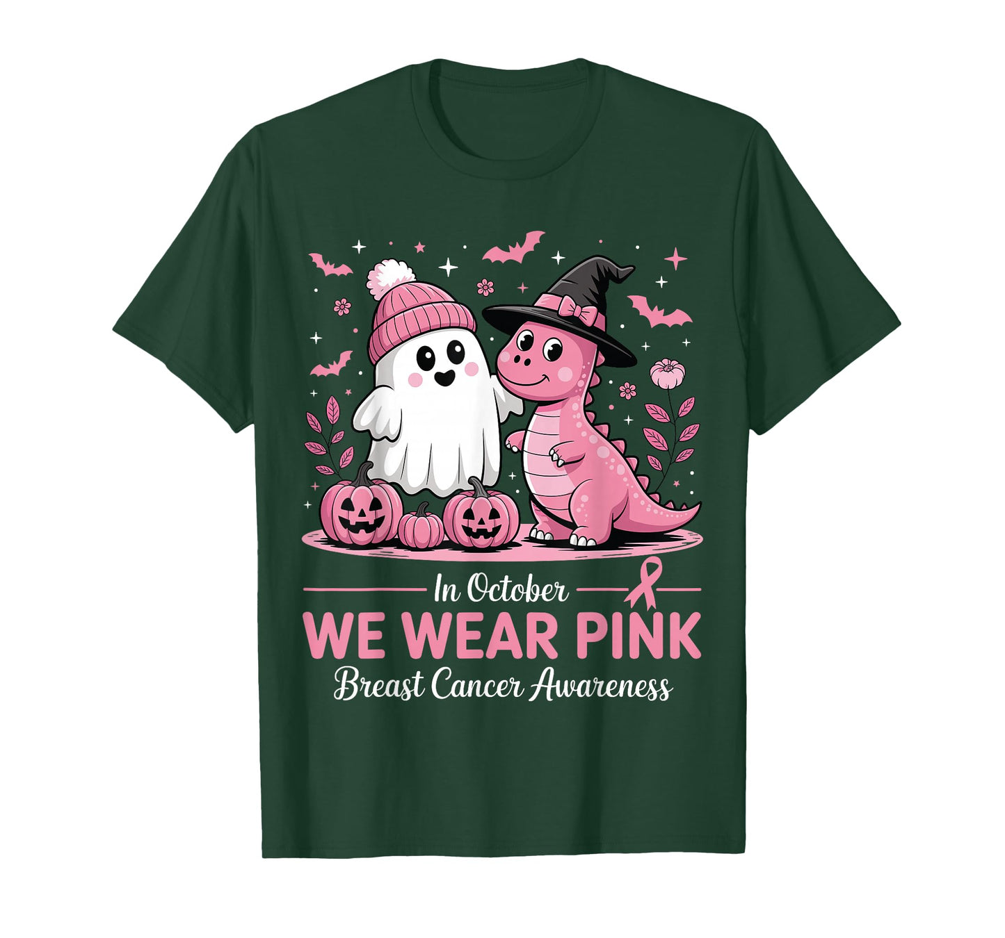 in October We Wear Pink Ghost Witch Dinosaur Breast Cancer T-Shirt