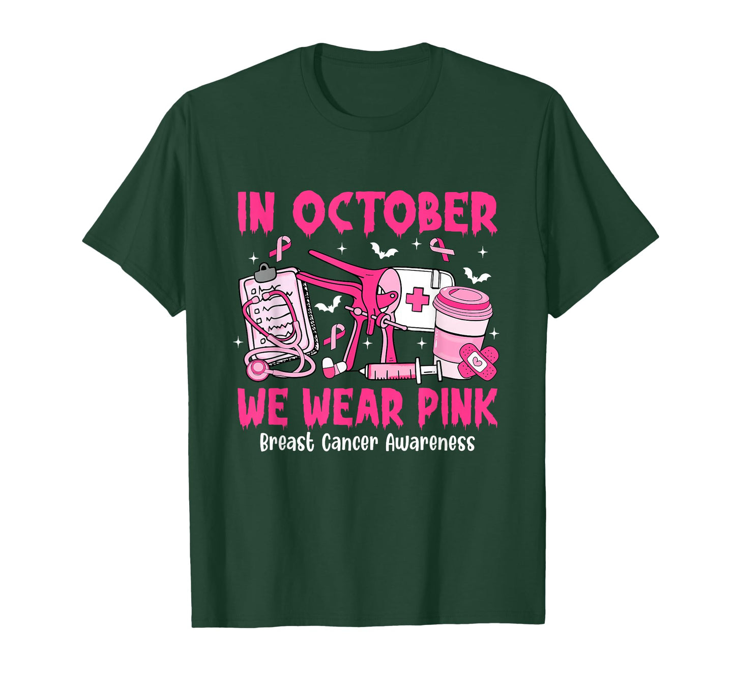 in October We Wear Pink OBGYN Nurse Breast Cancer T-Shirt