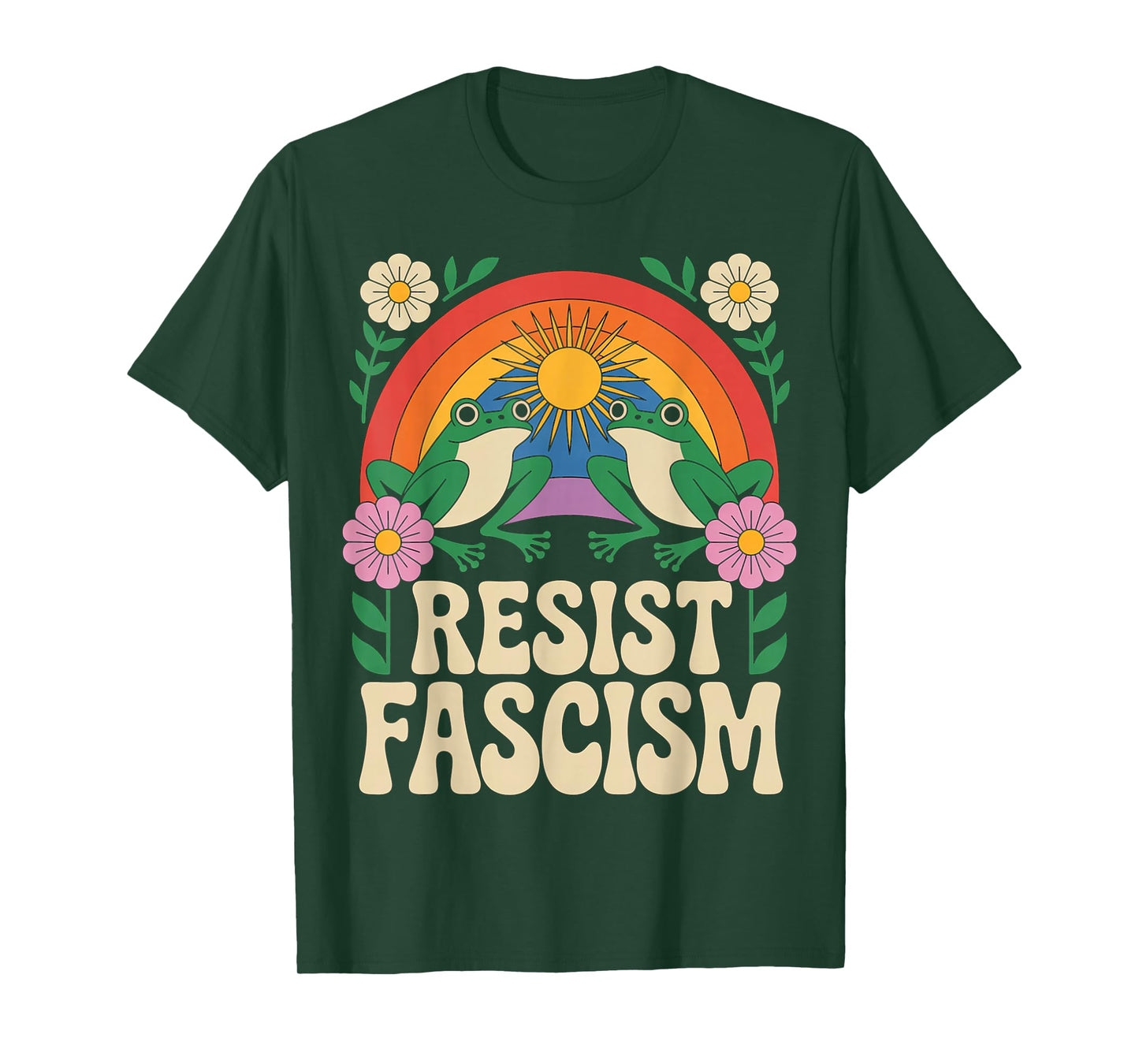 Frog Resist Fascism Retro Groovy Rainbow No Kings Hippie T-Shirt