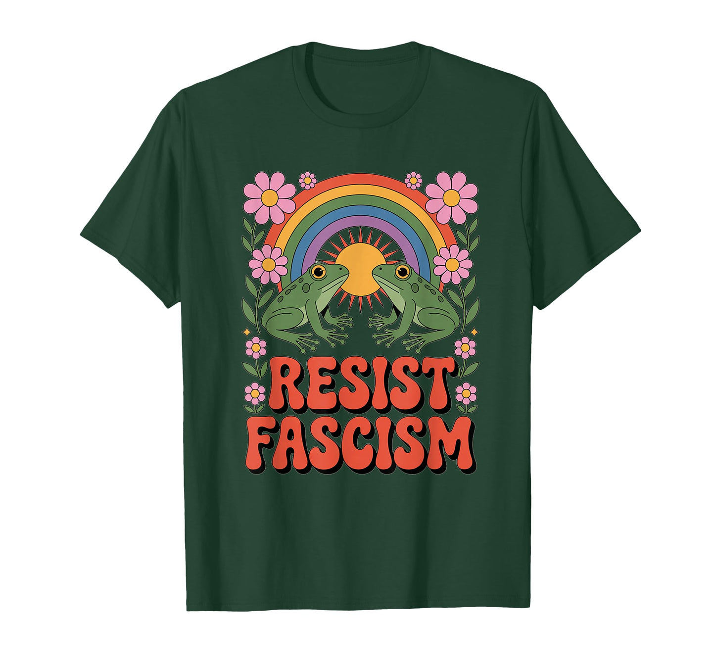 Frog Resist Fascism Retro Groovy Rainbow No Kings Hippie T-Shirt