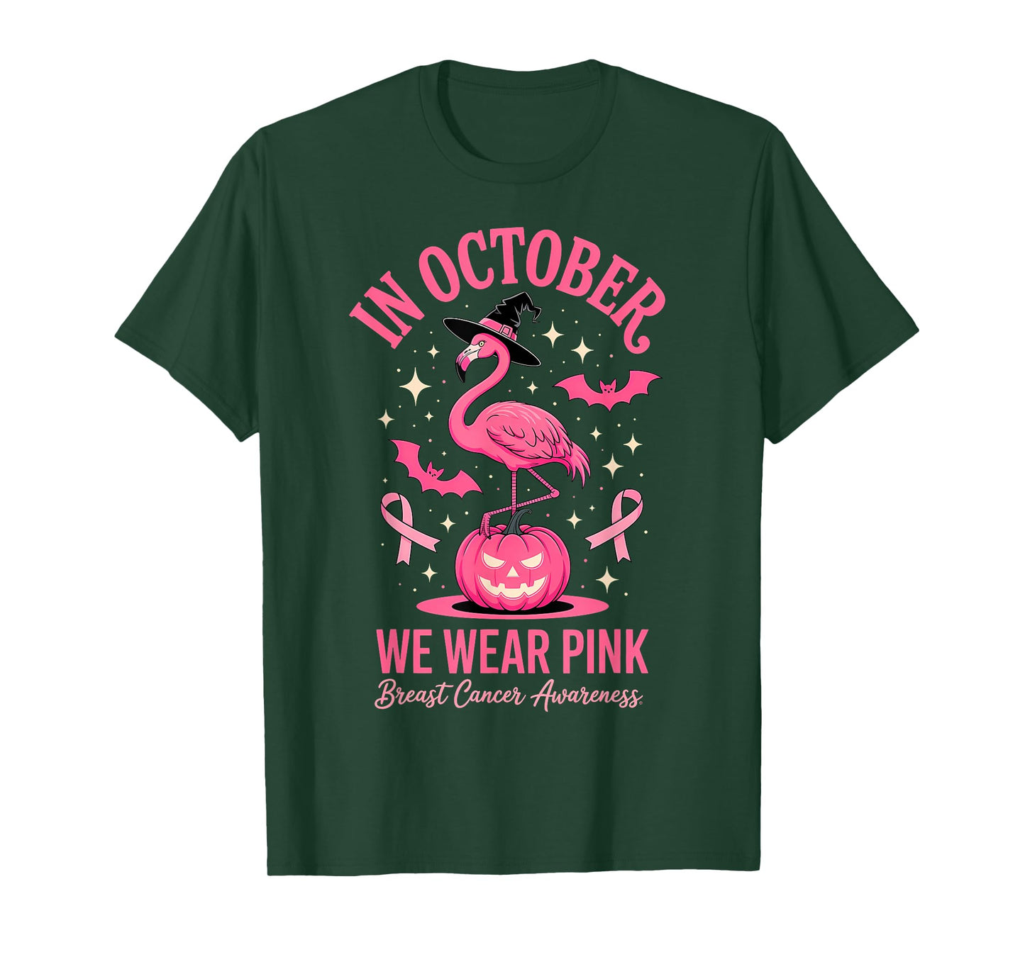 in October We Wear Pink Flamingo Halloween T-Shirt