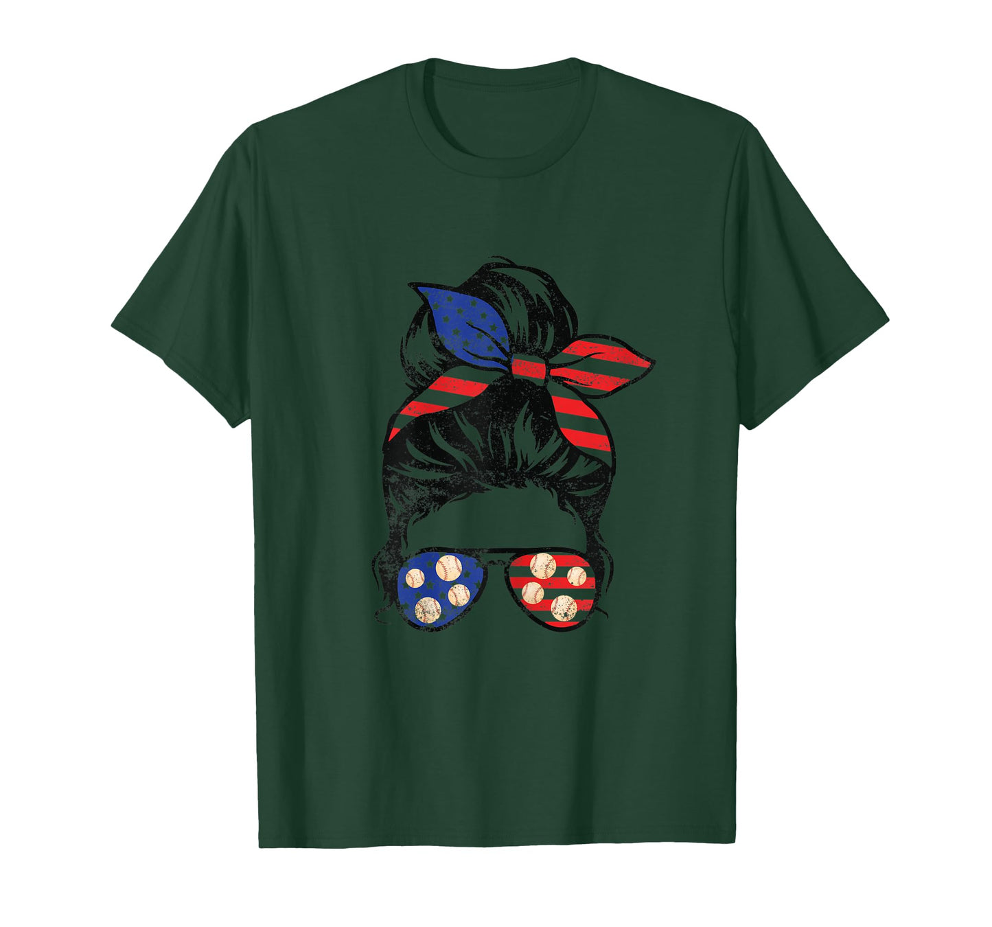 Womens American Flag Baseball Messy Bun Vintage Patriotic 4th July T-Shirt