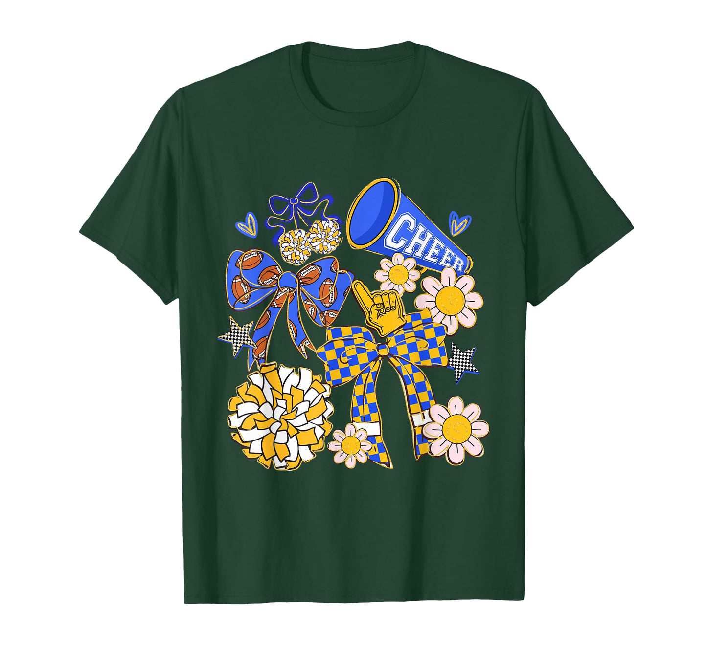 Coquette Bow Funny Football Blue Gold Cheer Mom Cheerleader T-Shirt