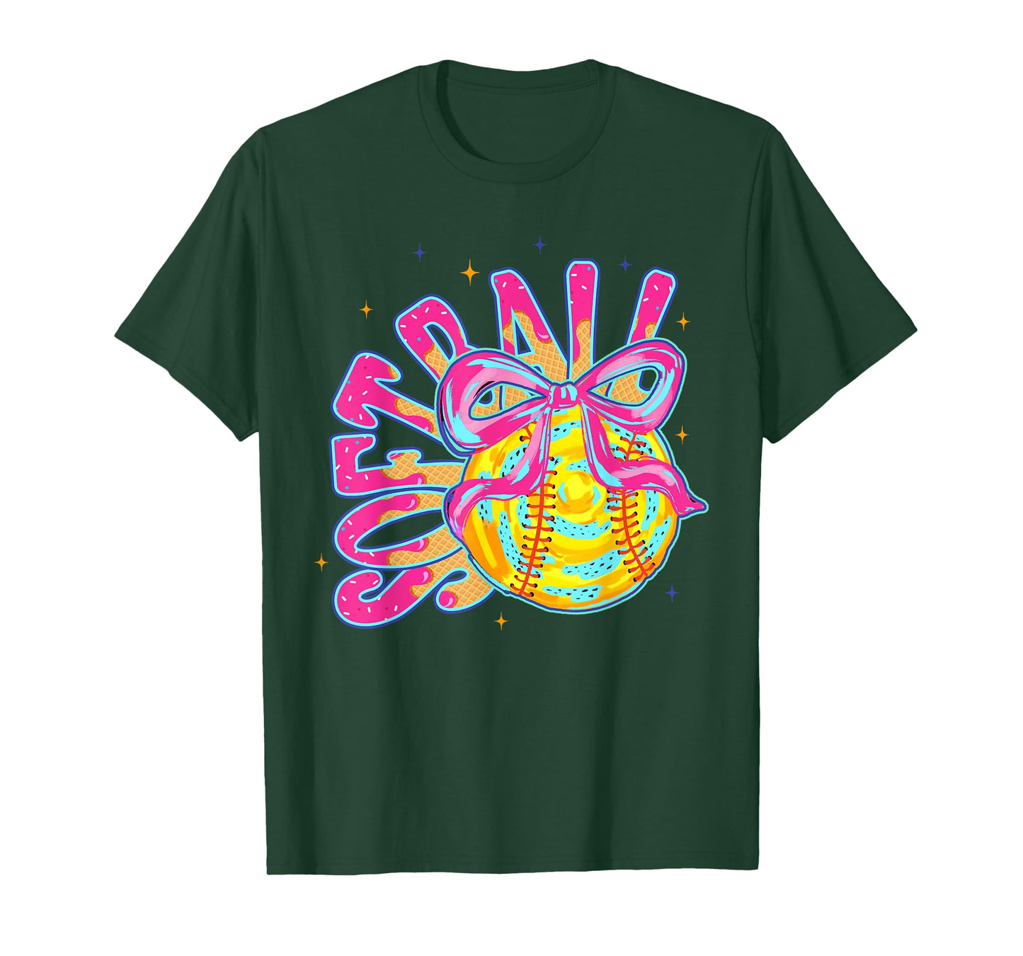 Softball Coquette Bow Ice-Cream Drip Baseball Mom Game Day T-Shirt