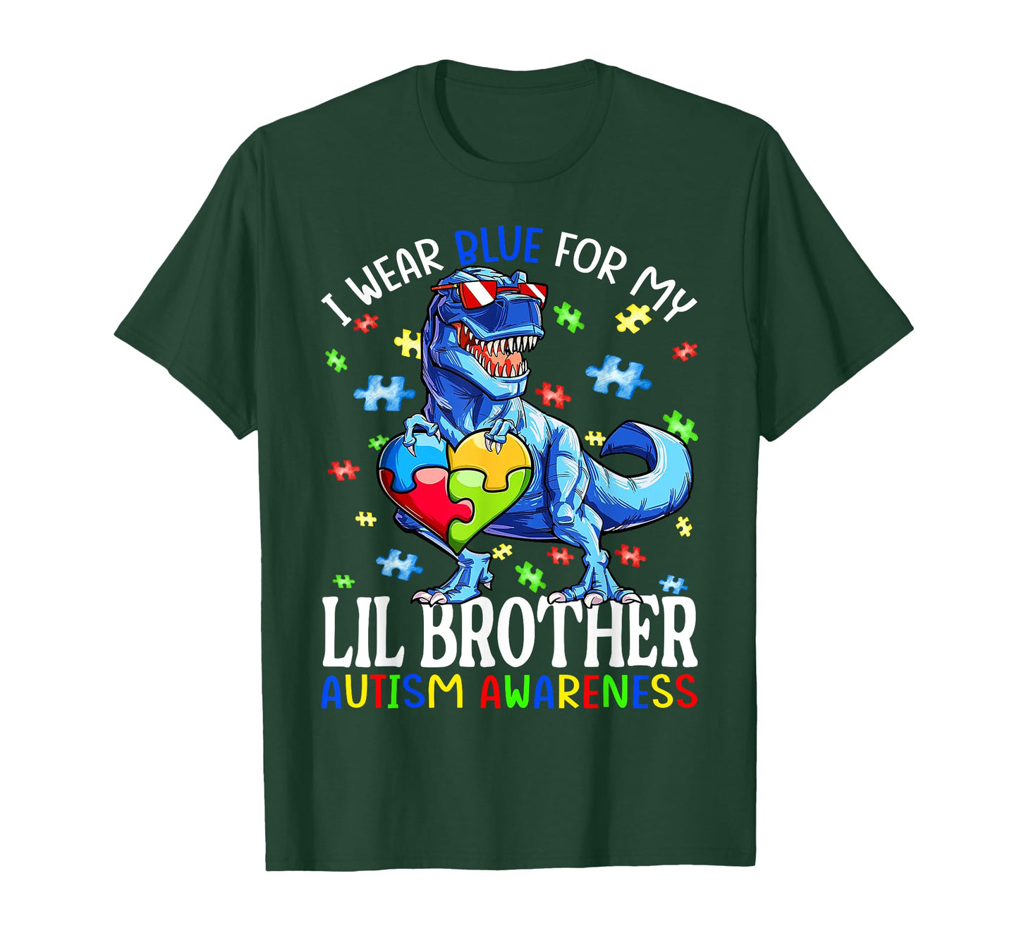 I Wear Blue For My Lil Brother Autism Awareness Dinosaur T-Shirt