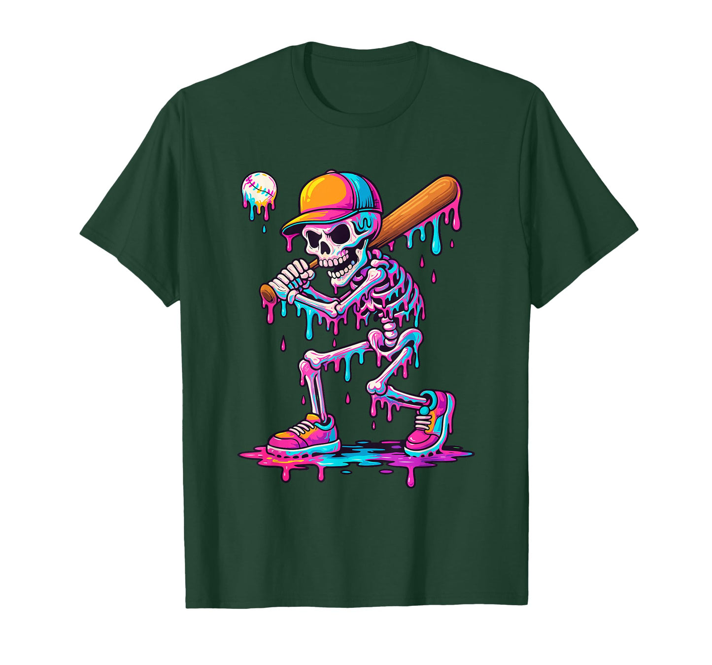 Skelton Playing Baseball Halloween Baseball Drip Boys Kids T-Shirt
