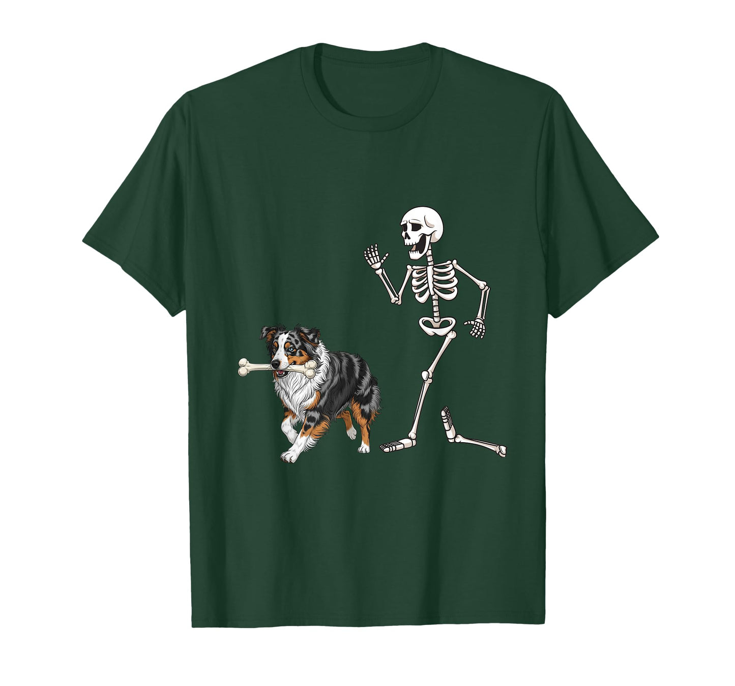 Funny Halloween Australian Shepherd and Skeleton T-Shirt