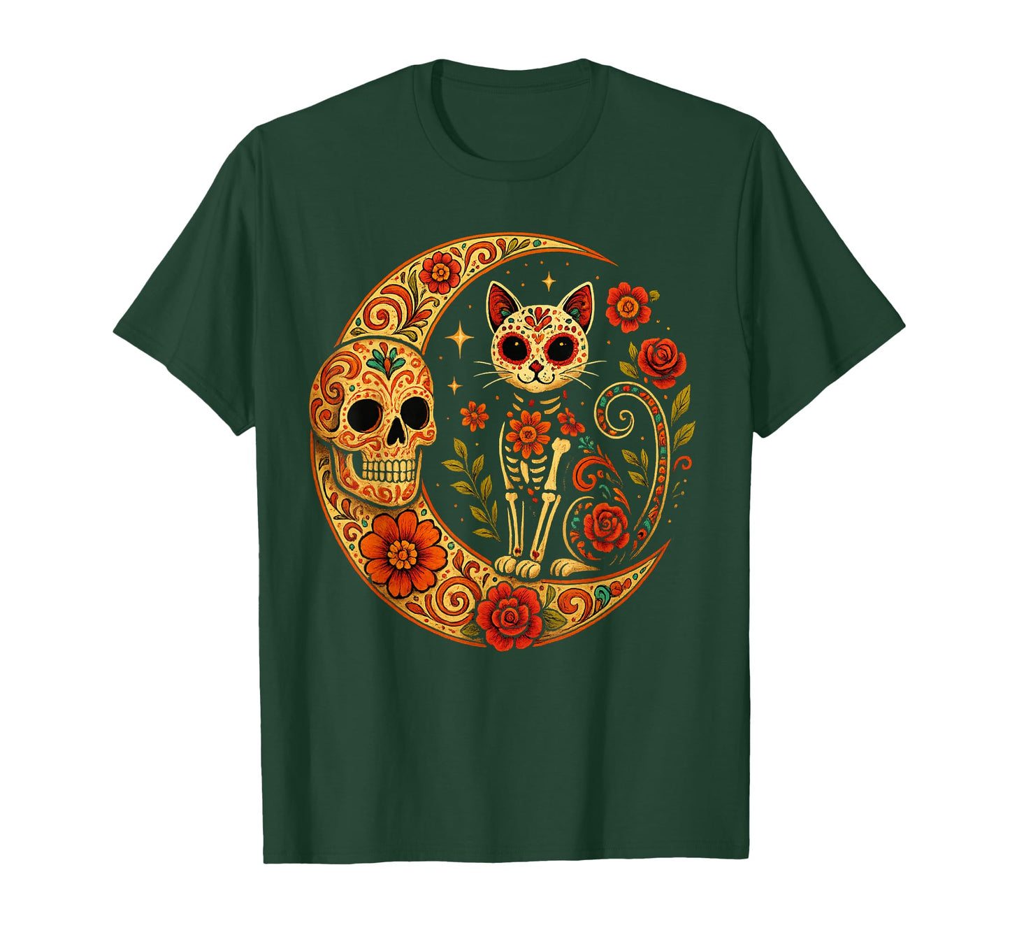 Sugar Skull Cat Moon Dia de Los Muertos Funny Halloween Cat T-Shirt