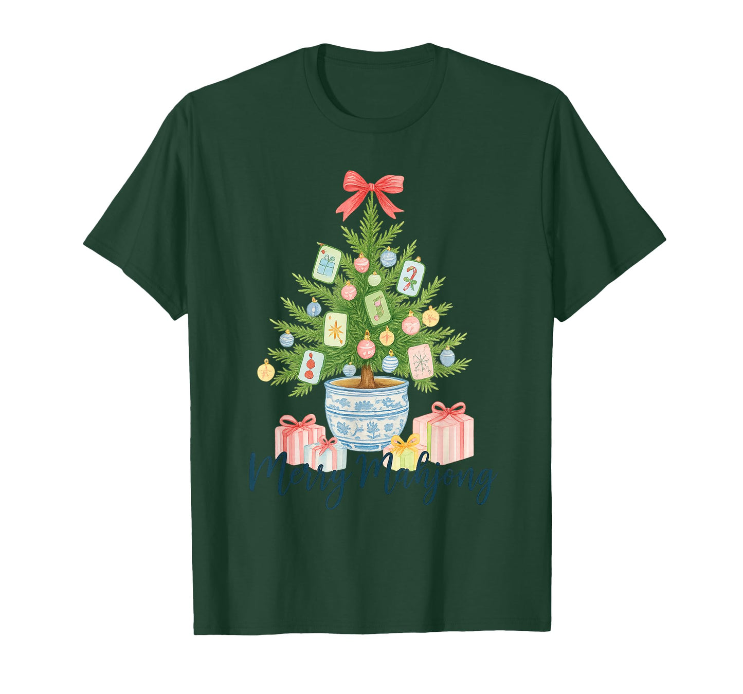 Merry Mahjong Christmas Tree Chinoiserie Holiday T-Shirt