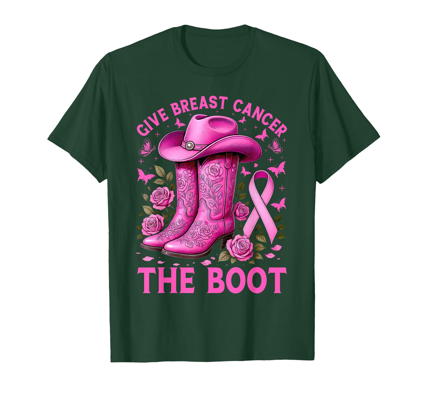 Give Breast Cancer The Boot Cowgirl Cancer Awareness Ribbon T-Shirt