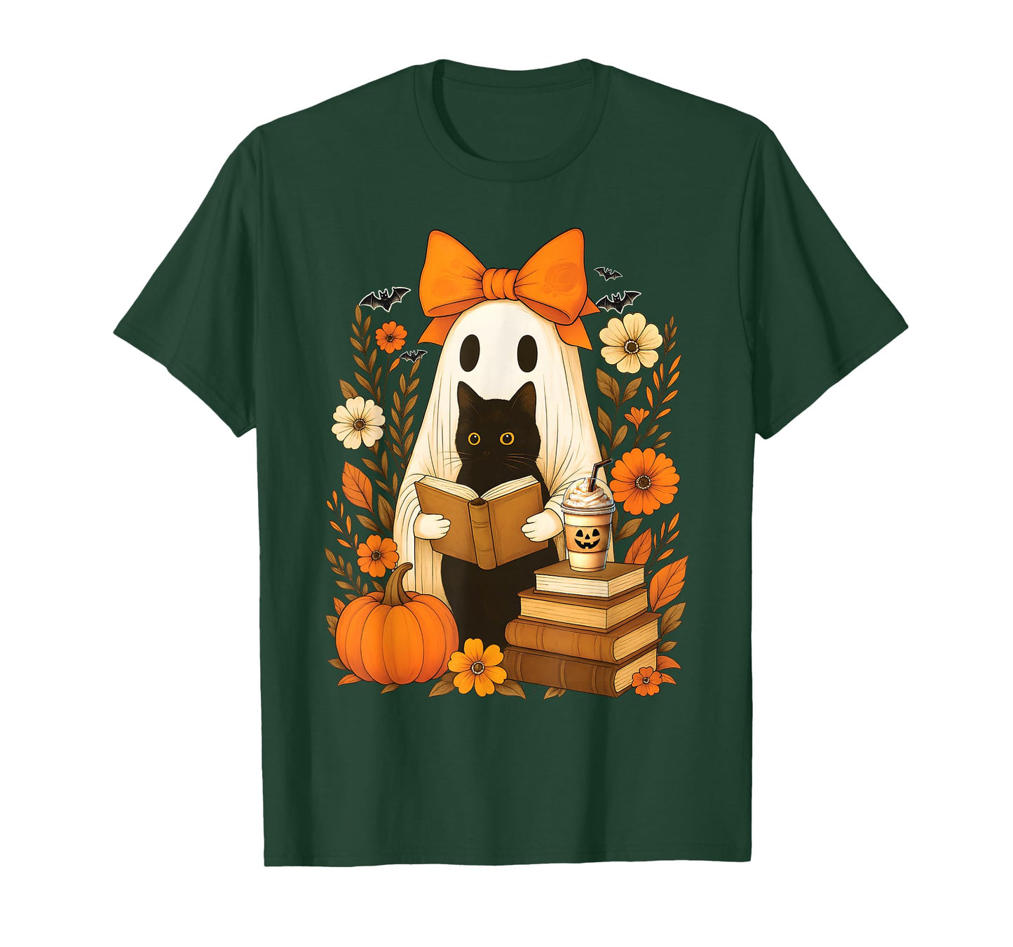 Groovy Floral Vintage Halloween Ghost Reading Book Cat Lover T-Shirt