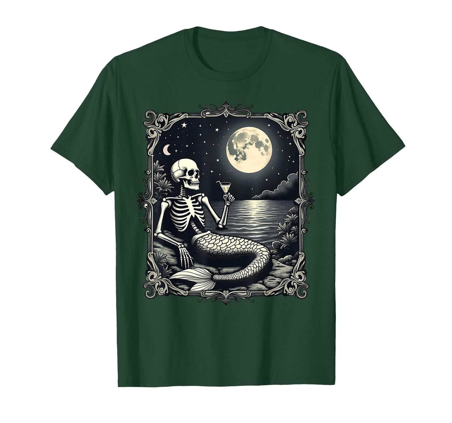 Funny Skeleton Mermaid at Full Moon Cool Mermaid Graphic T-Shirt