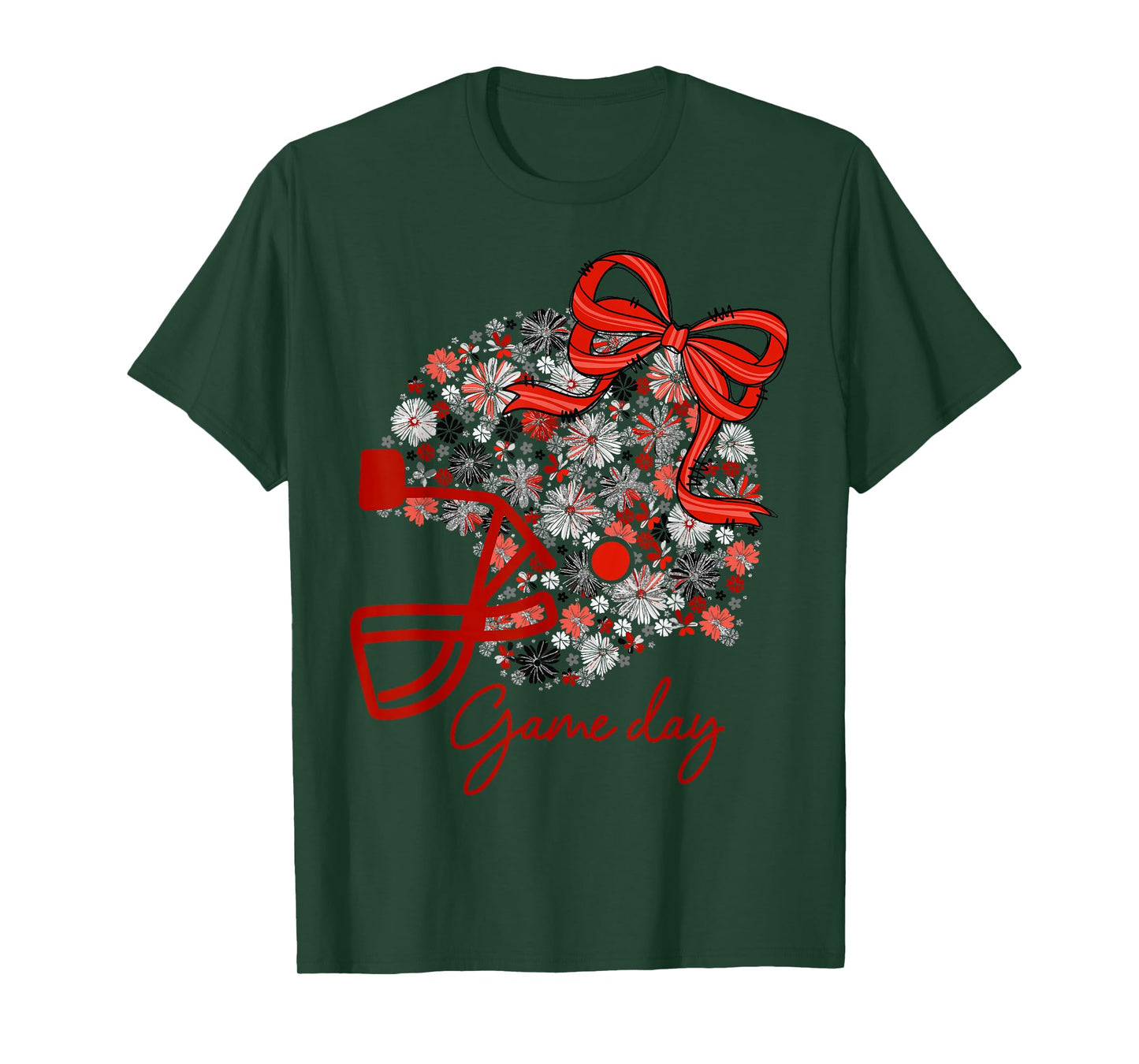 Floral Football Game Day Girly Team Spirit Black Red & White T-Shirt