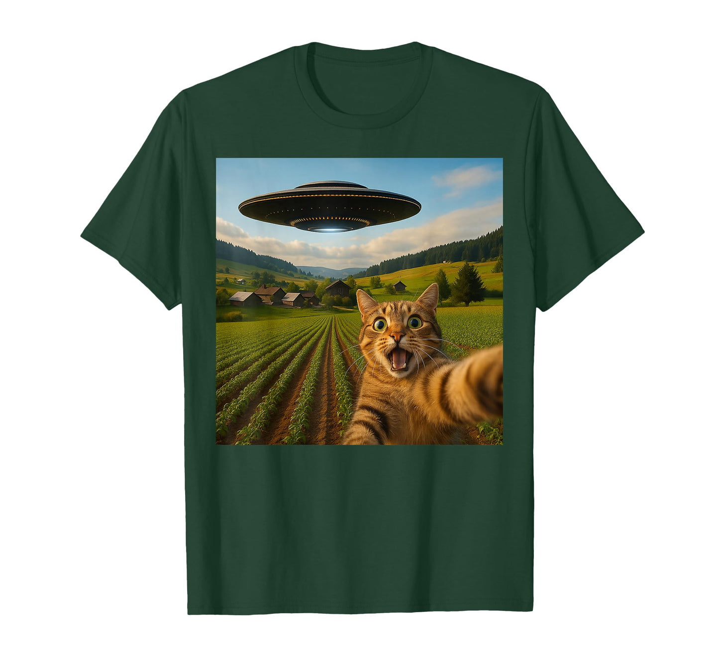 Funny Cat Selfie with Alien UFO for Men Women Kid T-Shirt