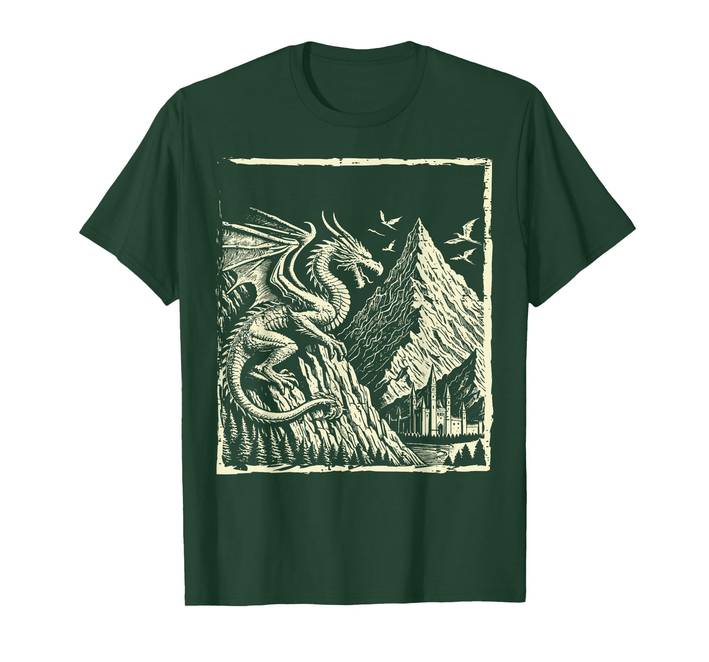 Medieval Dragon Mountain Castle Mythical Men Women Kids T-Shirt