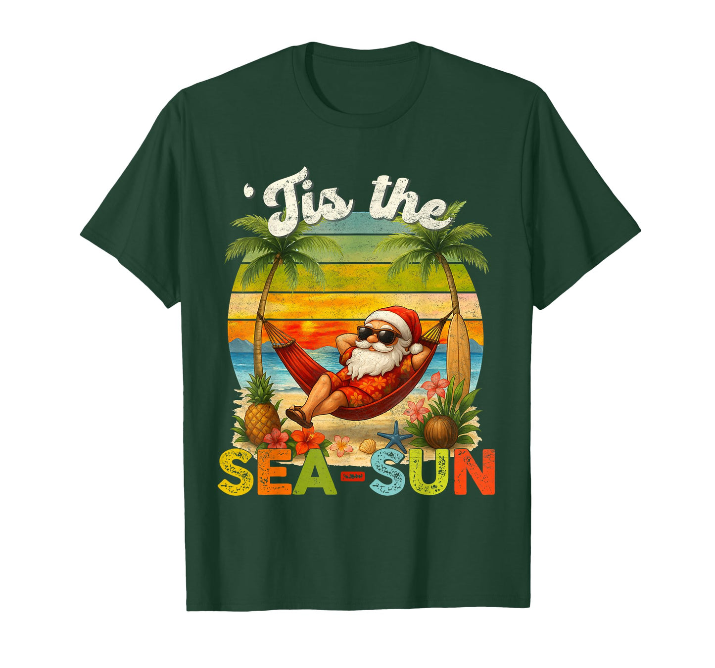 Tis The Sea-Sun Funny Christmas In July Hawaii Santa Beach T-Shirt