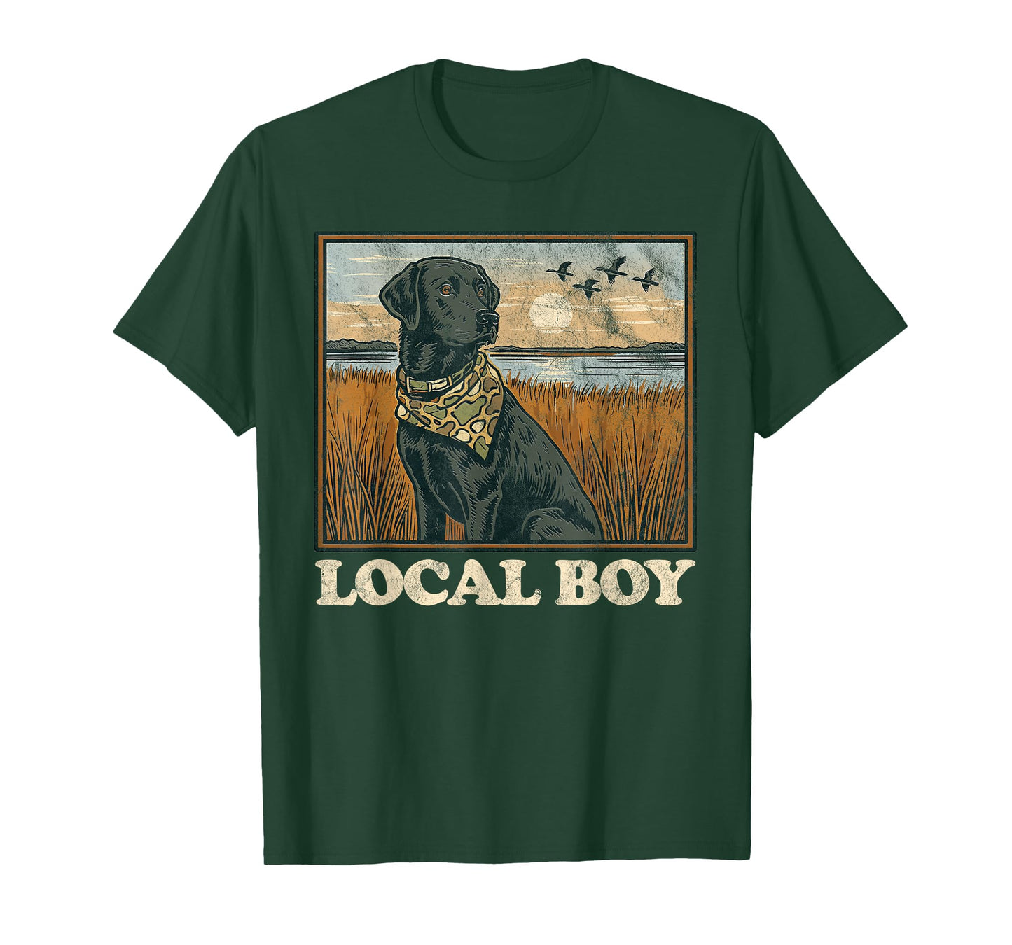 Local Boy Black Lab Hunting Dog Marsh Scene Sunset Vintage T-Shirt