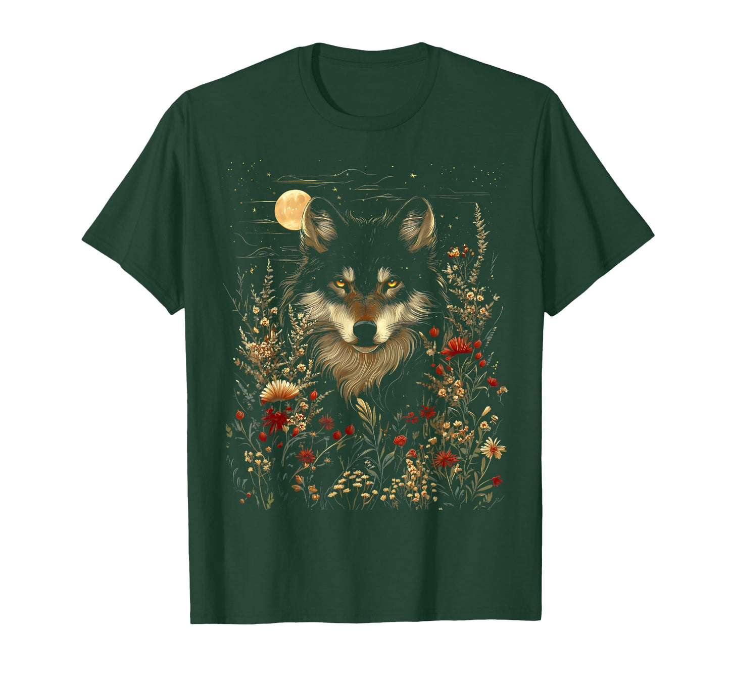 Black Wolf Full Moon Boho Floral Mystical Graphic Women T-Shirt